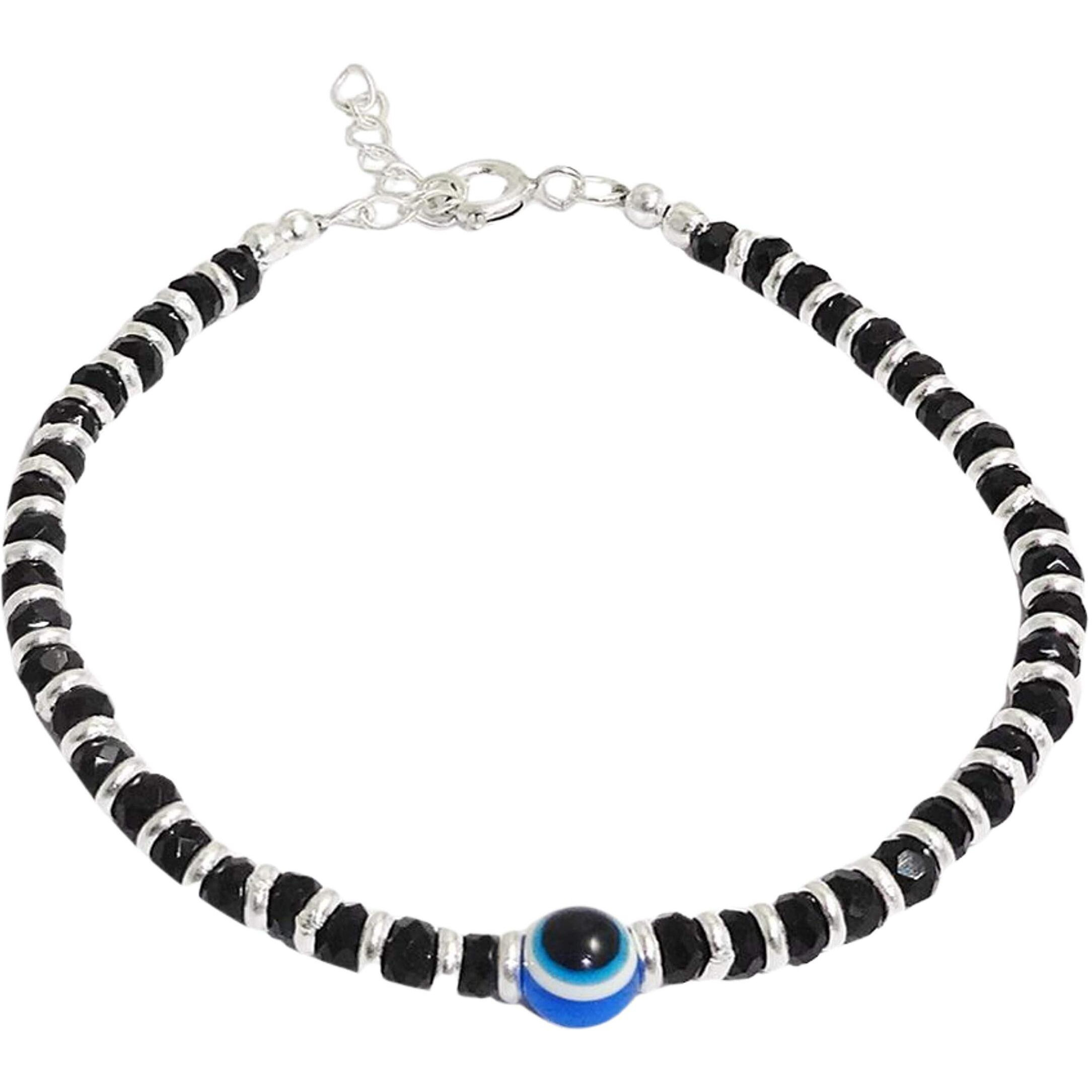 NEMICHAND JEWELS Nazariya with Evil Eye Crystals for Women 92.5% Pure Sterling Silver Bracelet for Women (7 inch + Extension) (Black)
