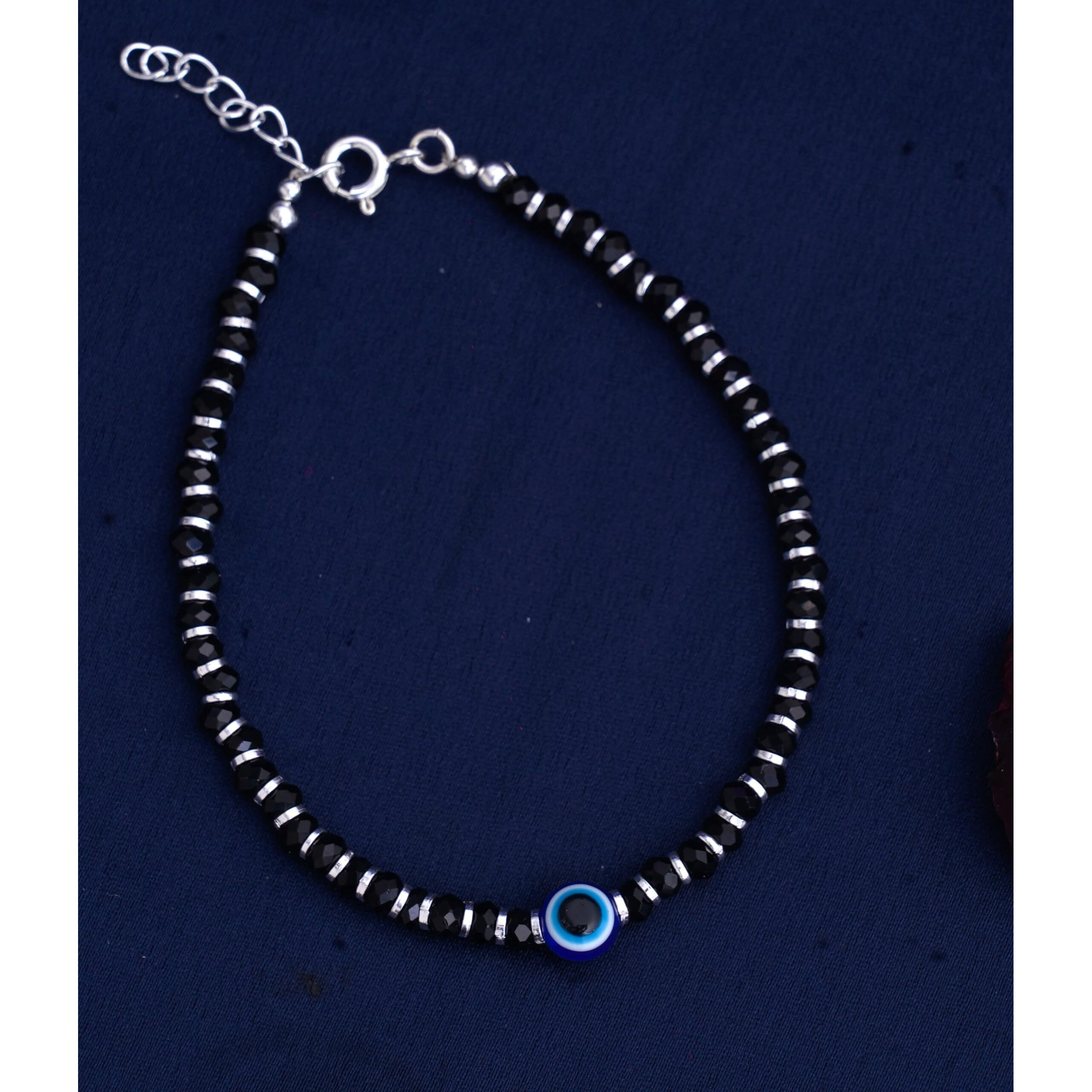 NEMICHAND JEWELS Nazariya with Evil Eye Crystals for Women 92.5% Pure Sterling Silver Bracelet for Women (7 inch + Extension) (Black)