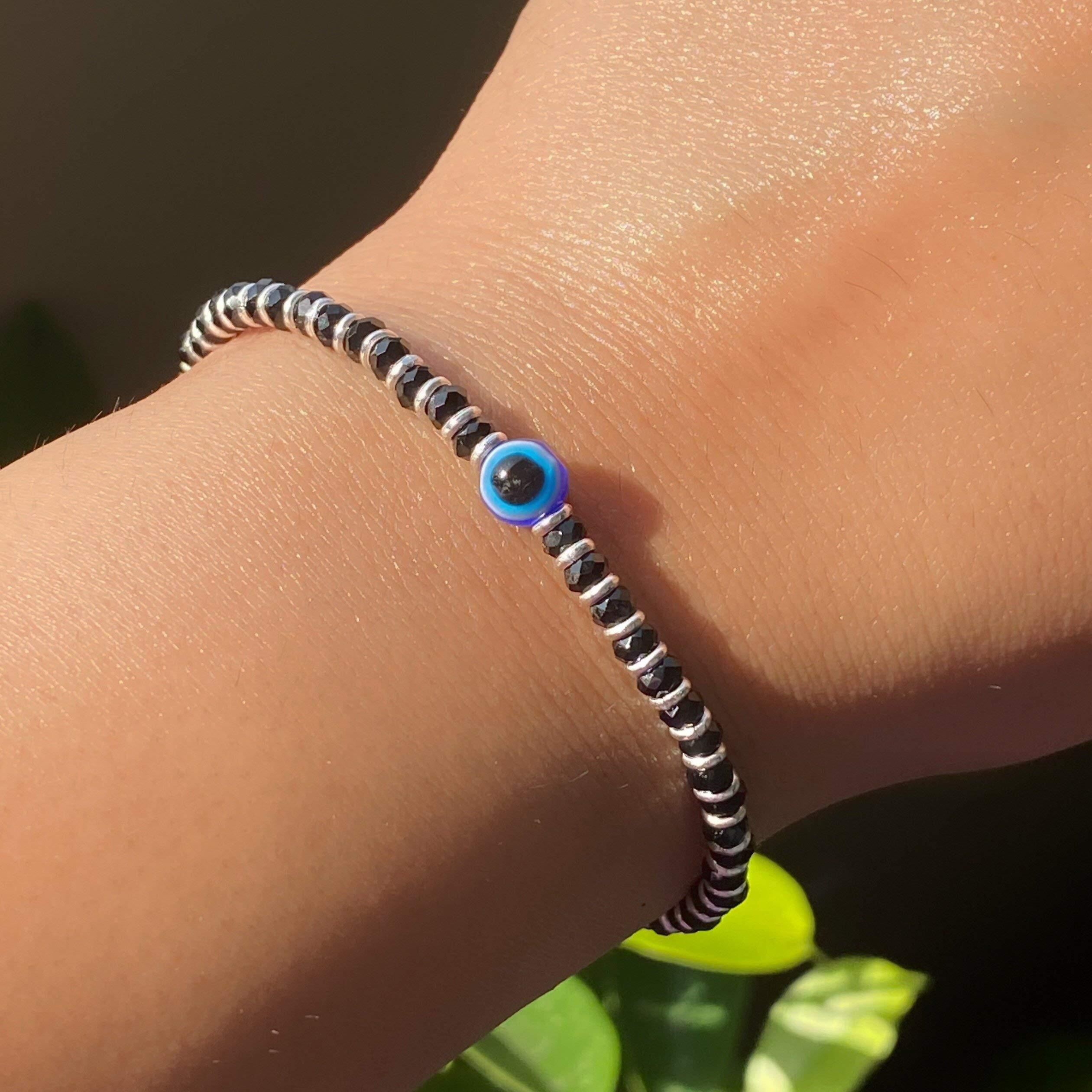 NEMICHAND JEWELS Nazariya with Evil Eye Crystals for Women 92.5% Pure Sterling Silver Bracelet for Women (7 inch + Extension) (Black)