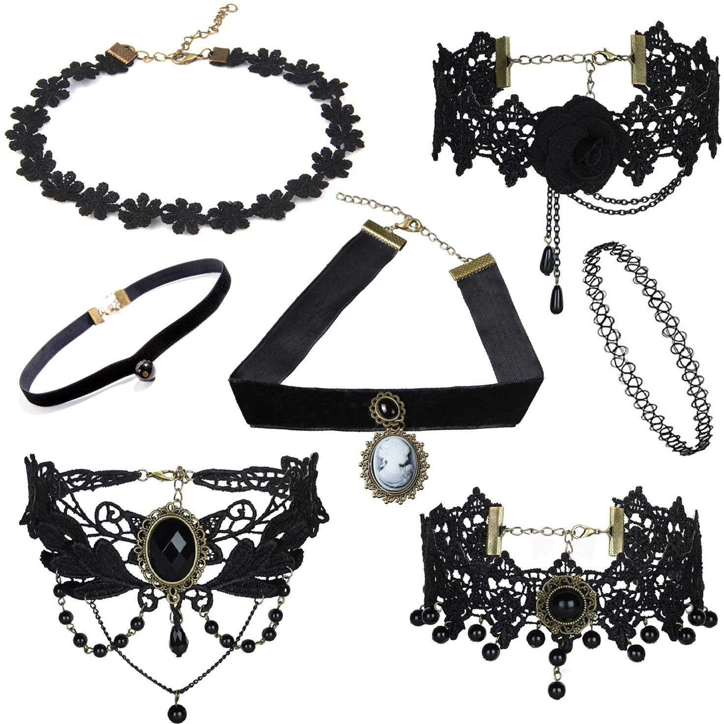 Shining Diva Fashion Jewellery Girls/Womens Black Fabric Lace Chokers Stylish Necklace Combo Set of 7 Pieces (cmb271)