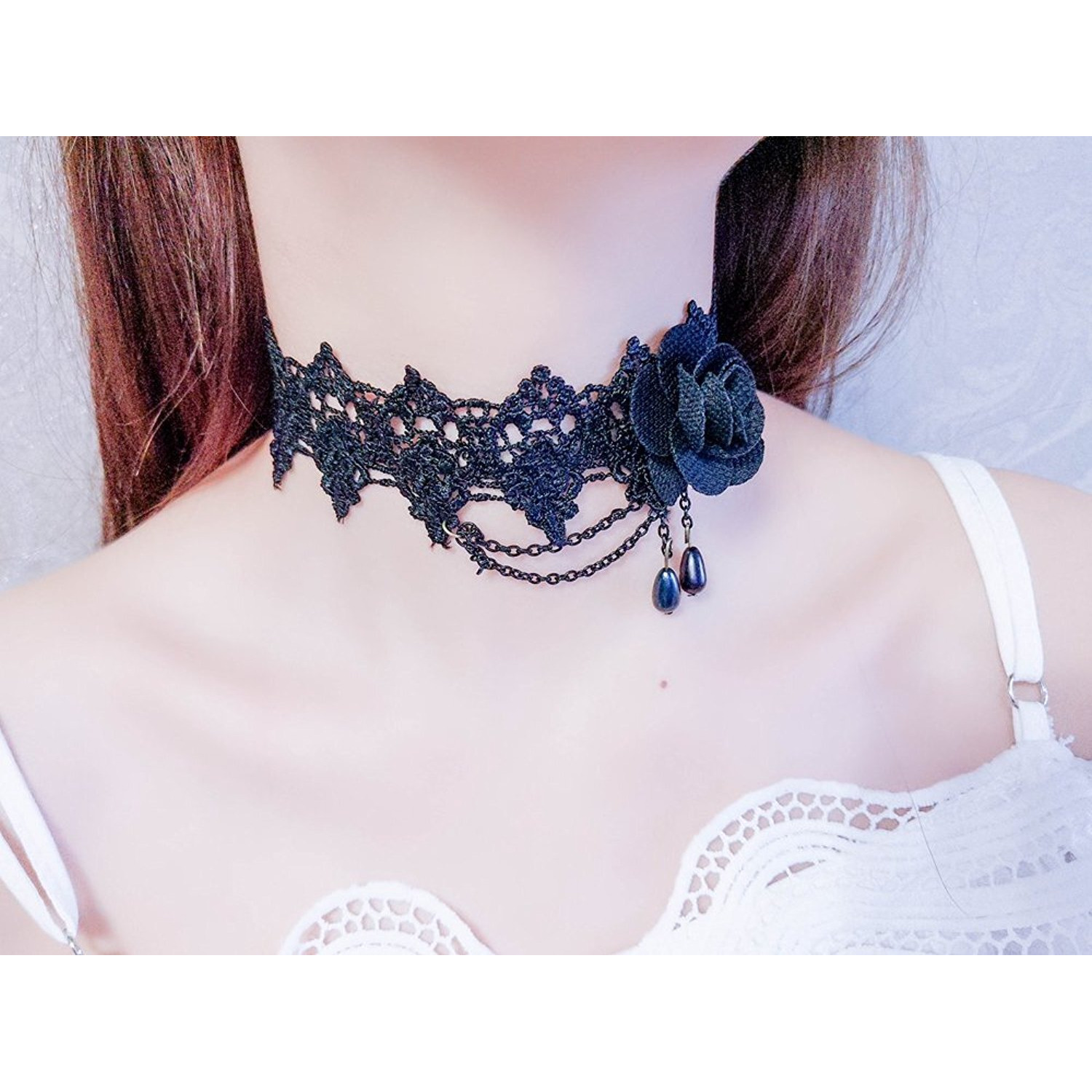 Shining Diva Fashion Jewellery Girls/Womens Black Fabric Lace Chokers Stylish Necklace Combo Set of 7 Pieces (cmb271)