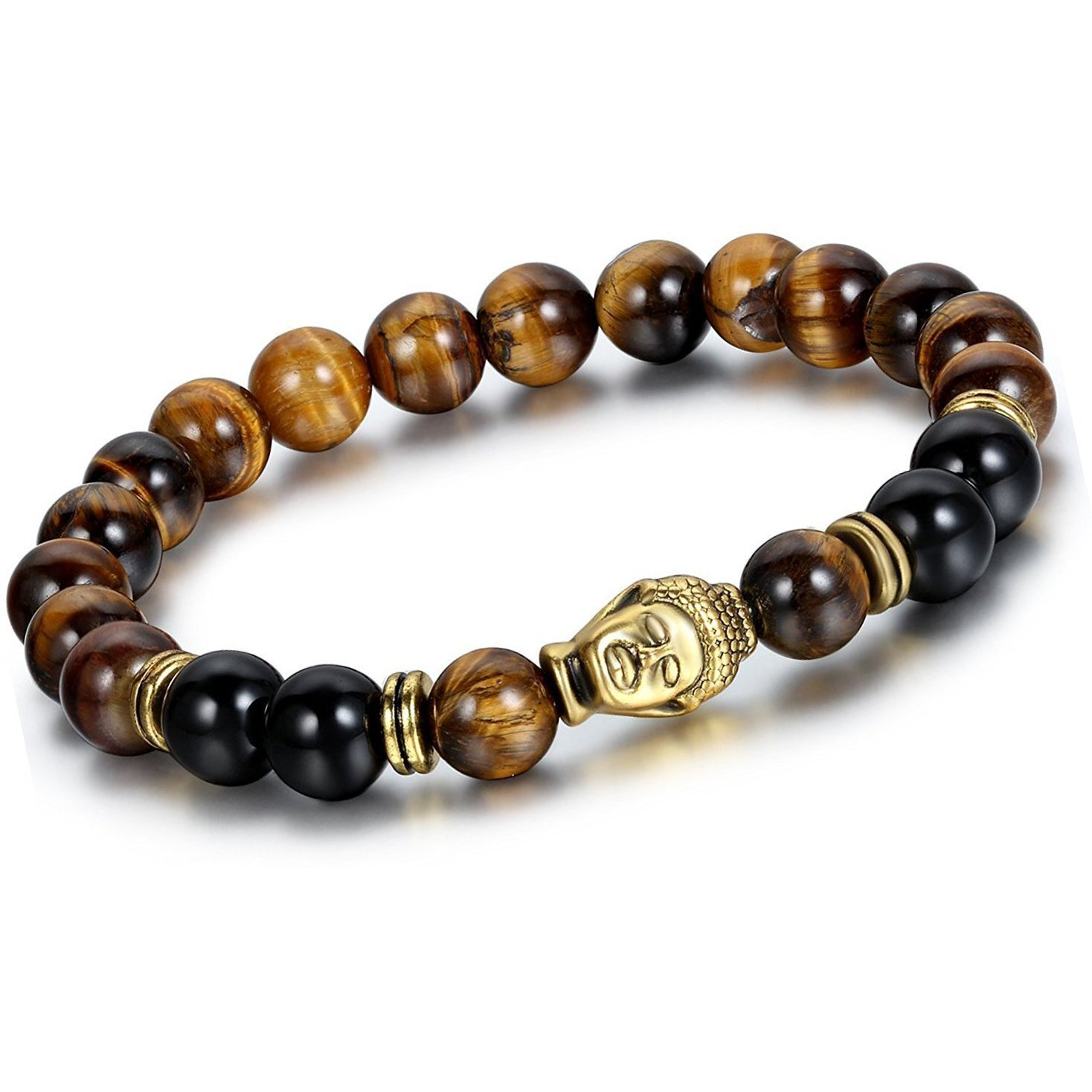 Shining Diva Fashion DVine Black Onyx Tigers Eye Semi Precious Stone Yoga and Meditation Buddha Reiki Healing Beads Unisex Stylish Bracelet for Men, Women(9389b)