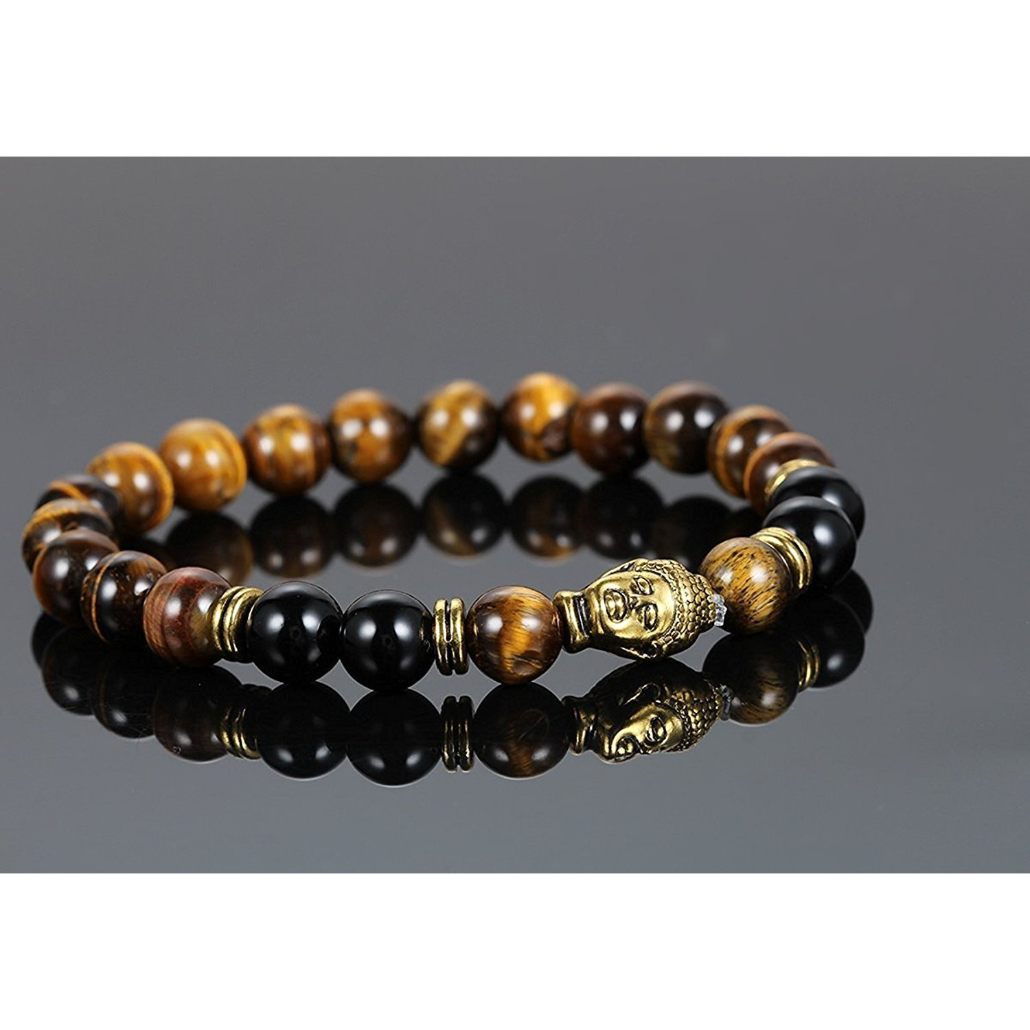 Shining Diva Fashion DVine Black Onyx Tigers Eye Semi Precious Stone Yoga and Meditation Buddha Reiki Healing Beads Unisex Stylish Bracelet for Men, Women(9389b)