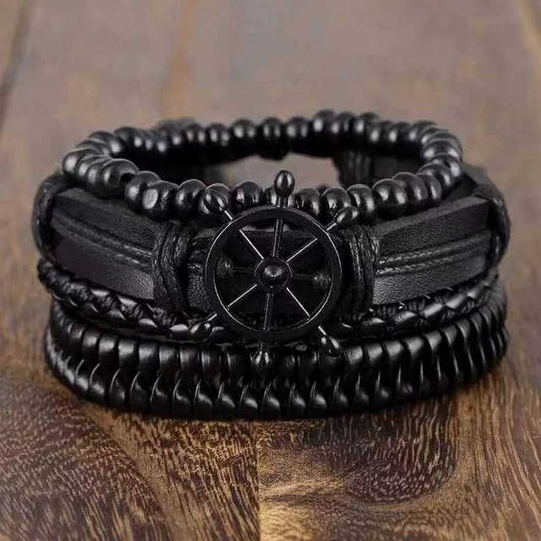 University Trendz 4PCs/Set Braided Wrap Leather Bracelets for Men Women Vintage Wooden Beads Ethnic Tribal Wristbands Bracelet