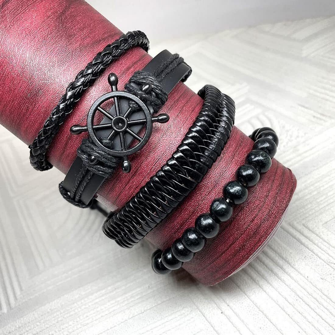 University Trendz 4PCs/Set Braided Wrap Leather Bracelets for Men Women Vintage Wooden Beads Ethnic Tribal Wristbands Bracelet