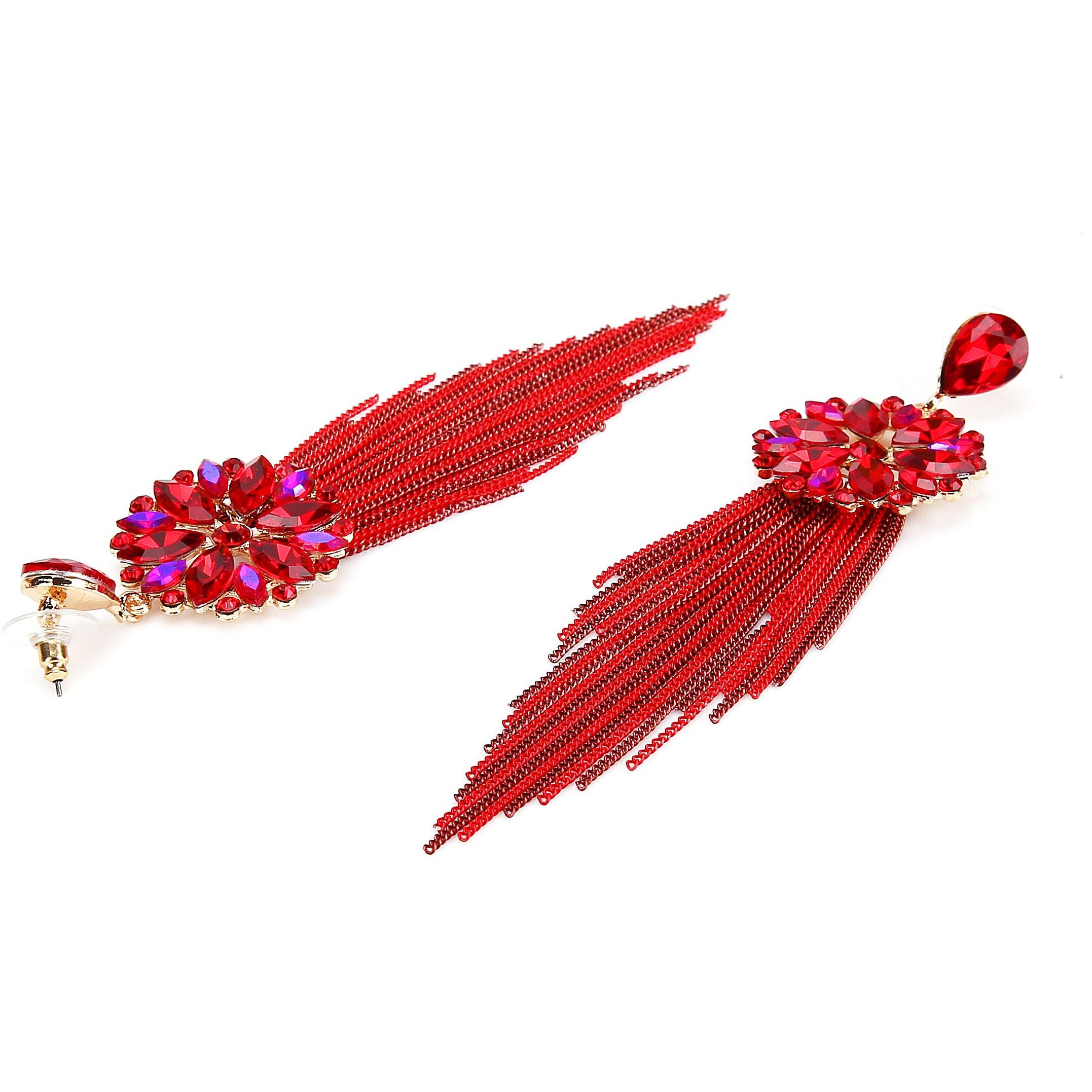 YouBella Jewellery Earrings For Women Crystal Tassel Handmade Earrings For Girls And Women (Red)