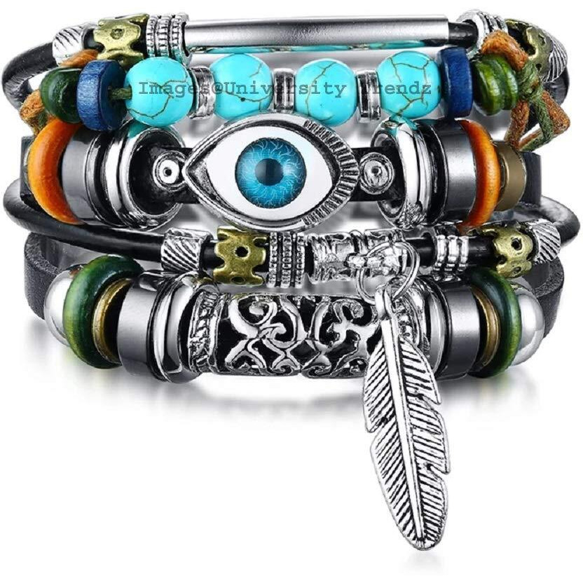 University Trendz Blue Evil Eye Multi-layer Leaf Charm Wrap Leather Bracelet for Men and Women