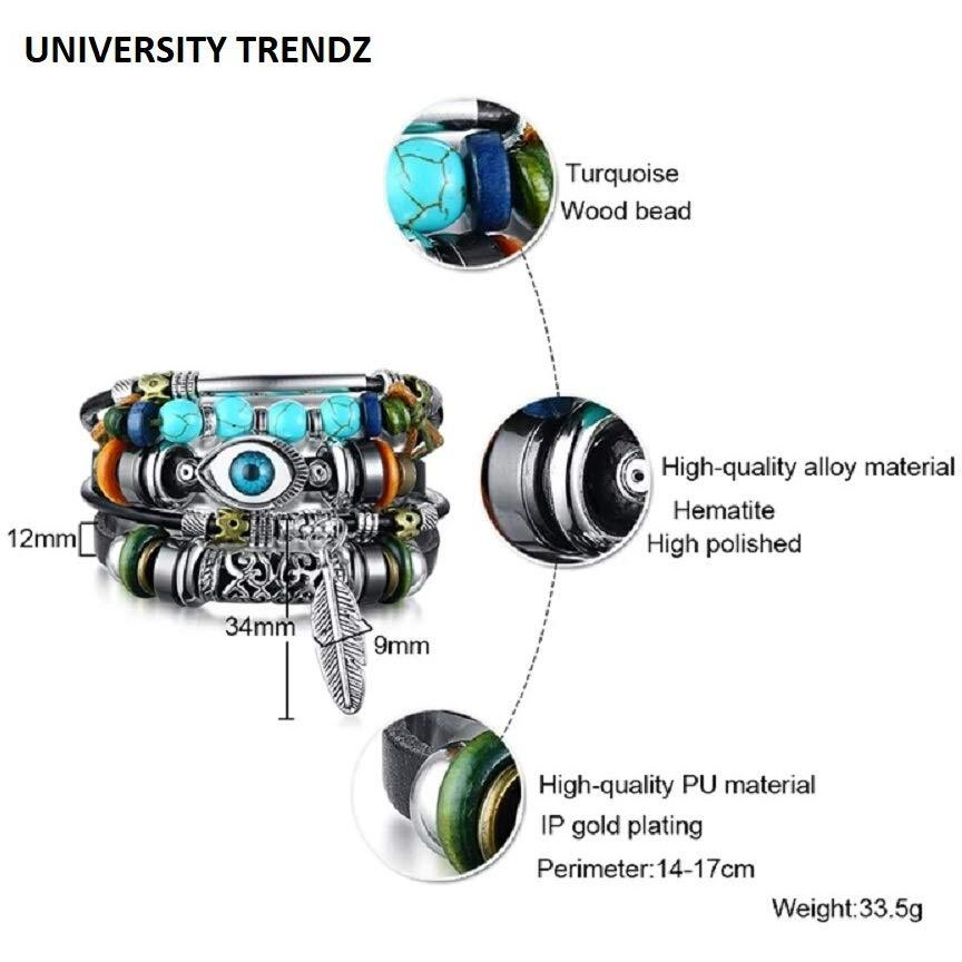 University Trendz Blue Evil Eye Multi-layer Leaf Charm Wrap Leather Bracelet for Men and Women