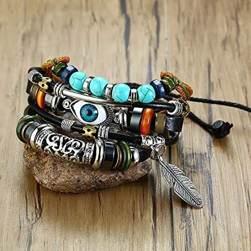 University Trendz Blue Evil Eye Multi-layer Leaf Charm Wrap Leather Bracelet for Men and Women