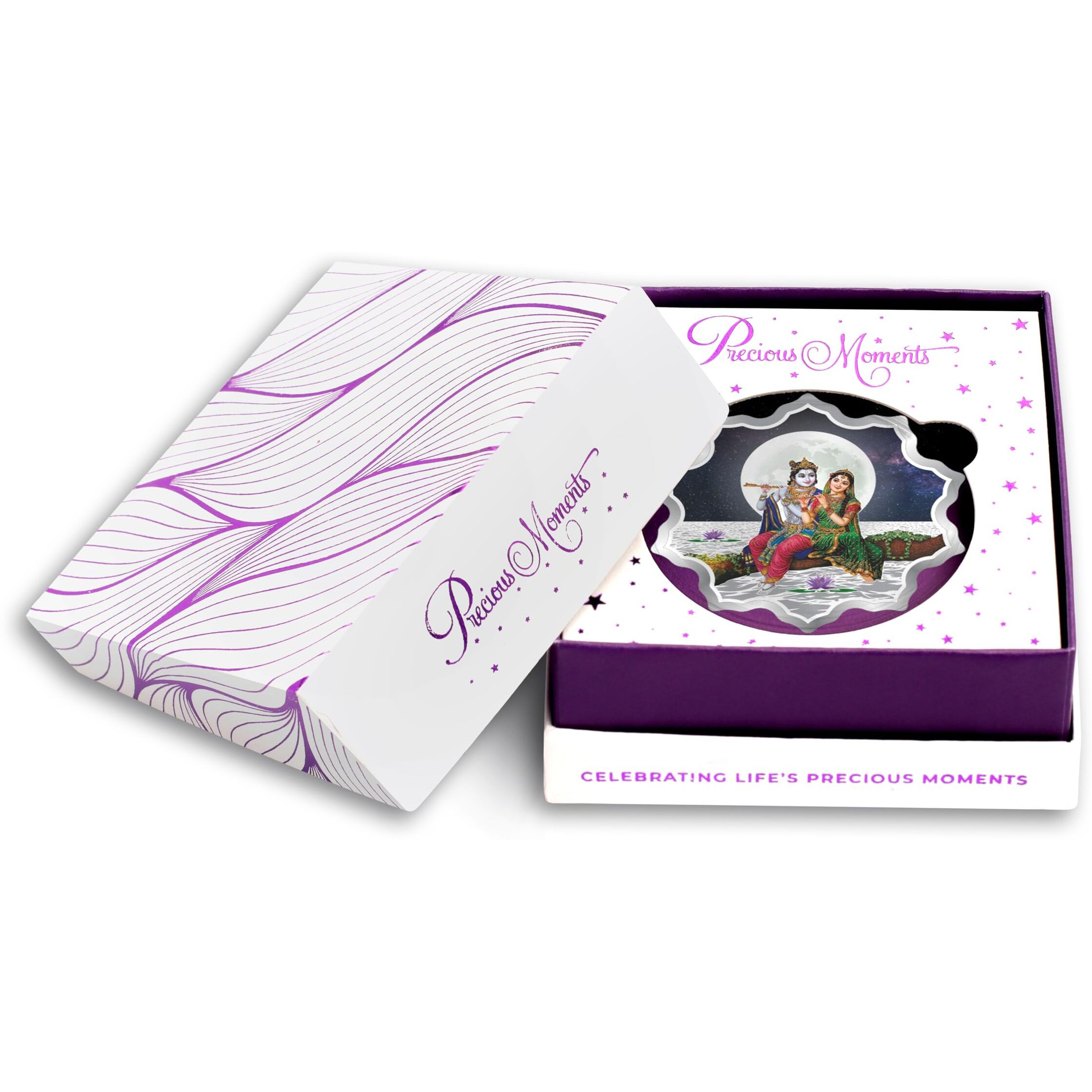 Precious Moments Radha Krishna 20 Gram Silver Coin BIS Hallmarked Flower Shaped 999 Purity with Gift Box by ACPL