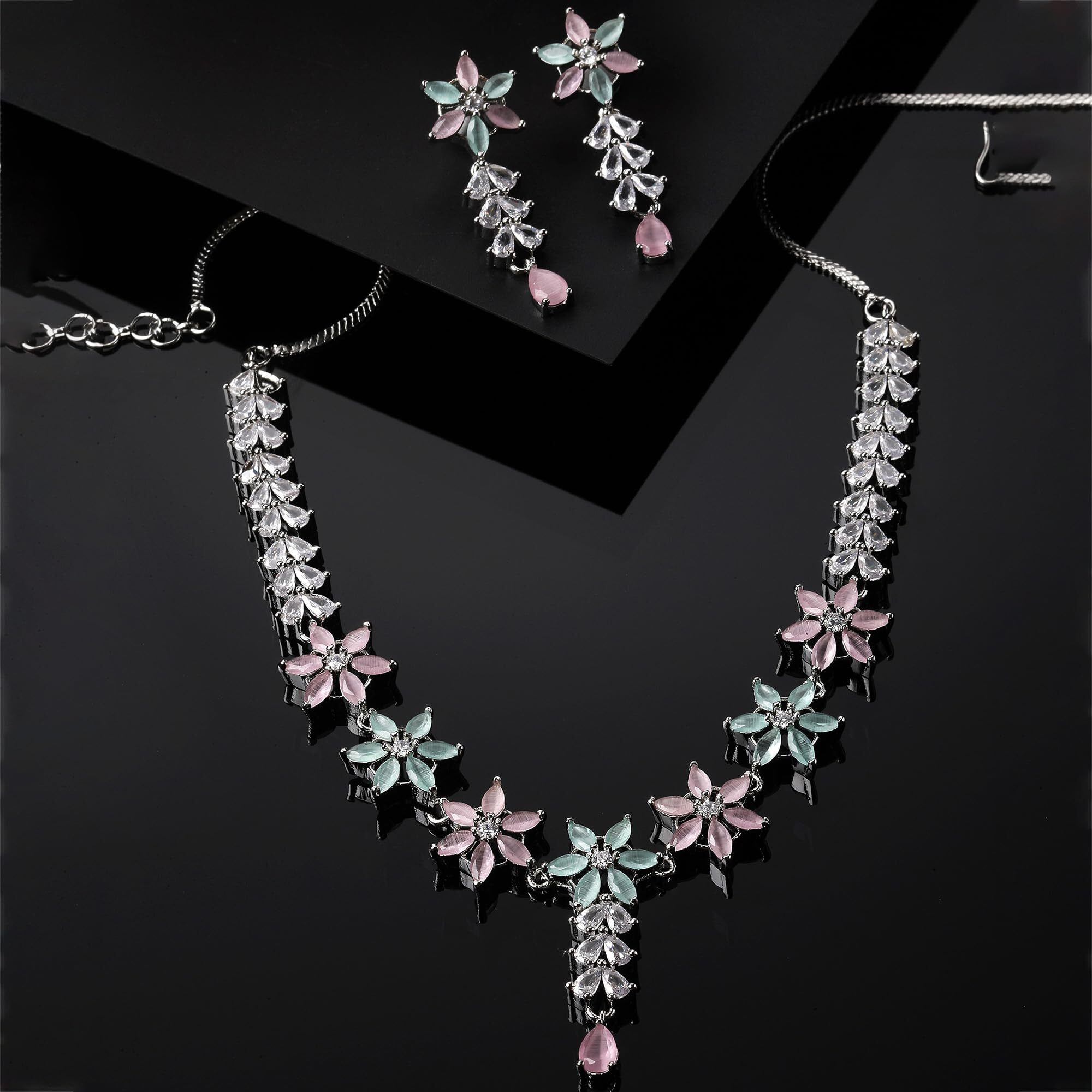 ZENEME Rhodium-Plated Silver Toned Star Shaped American Diamond Studded Necklace Earrings Jewellery Set for Girls and Women (Lime Green & Pink_Design_01)