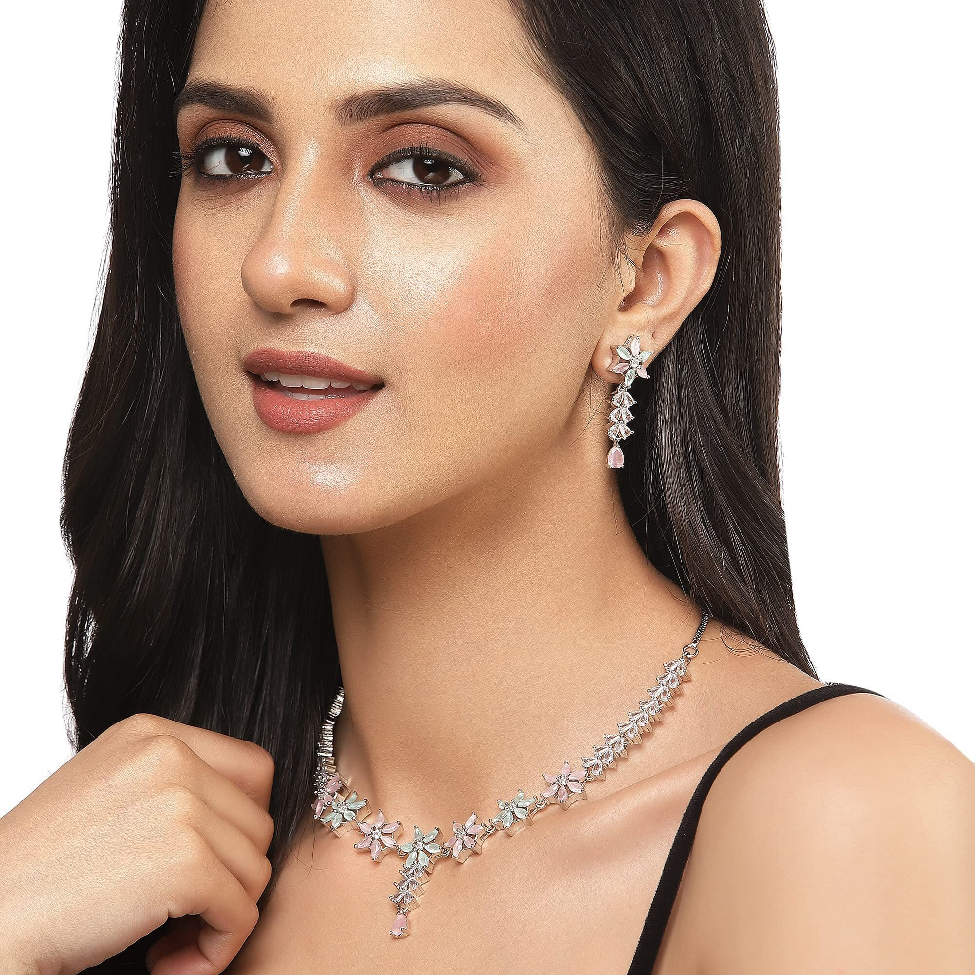 ZENEME Rhodium-Plated Silver Toned Star Shaped American Diamond Studded Necklace Earrings Jewellery Set for Girls and Women (Lime Green & Pink_Design_01)