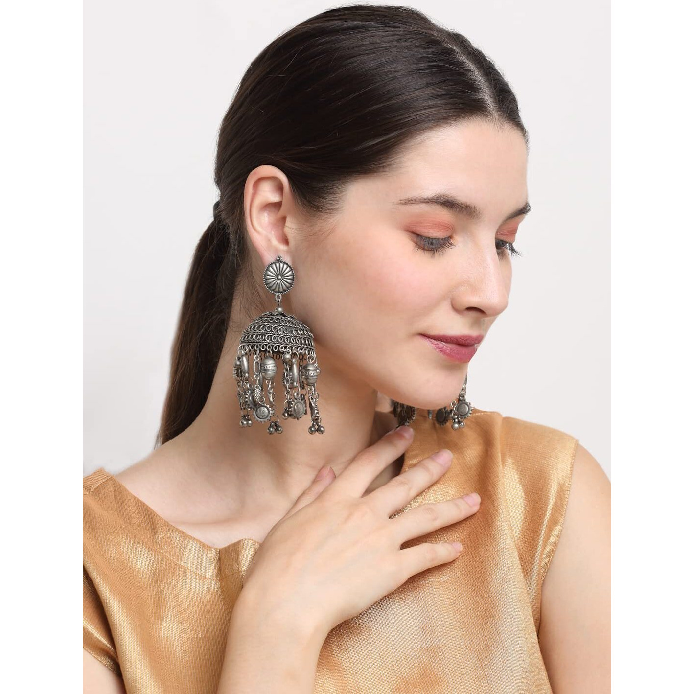 YouBella Jewellery Celebrity Inspired Oxidised Silver Big Size Jhumki Earrings for Girls and Women (Style 1)