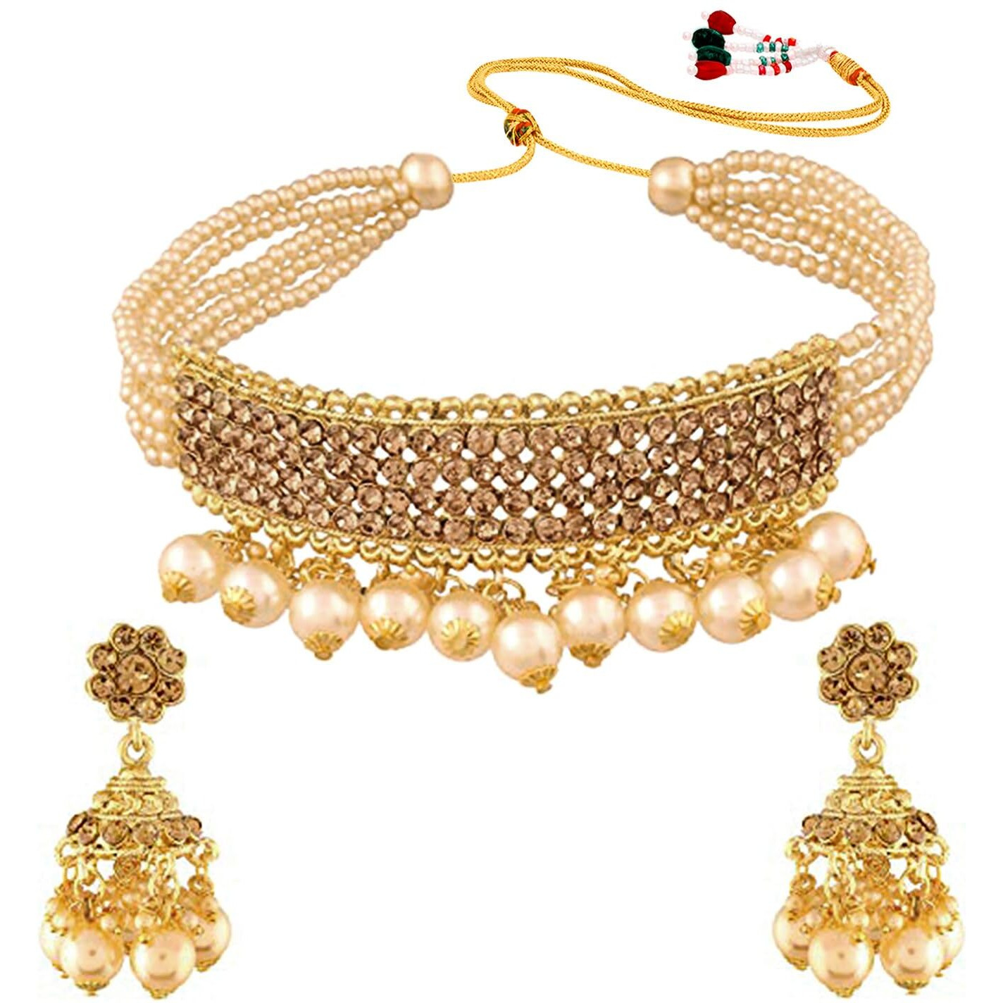 Peora 18K Gold Plated Wedding Polki Stone Pearl Choker Necklace Brass Alloy Earrings Ethnic Indian Traditional Jewellery Set for Women