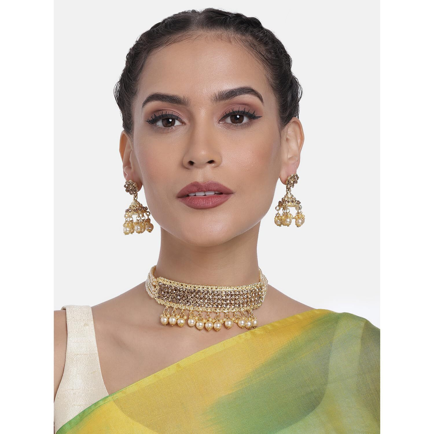 Peora 18K Gold Plated Wedding Polki Stone Pearl Choker Necklace Brass Alloy Earrings Ethnic Indian Traditional Jewellery Set for Women
