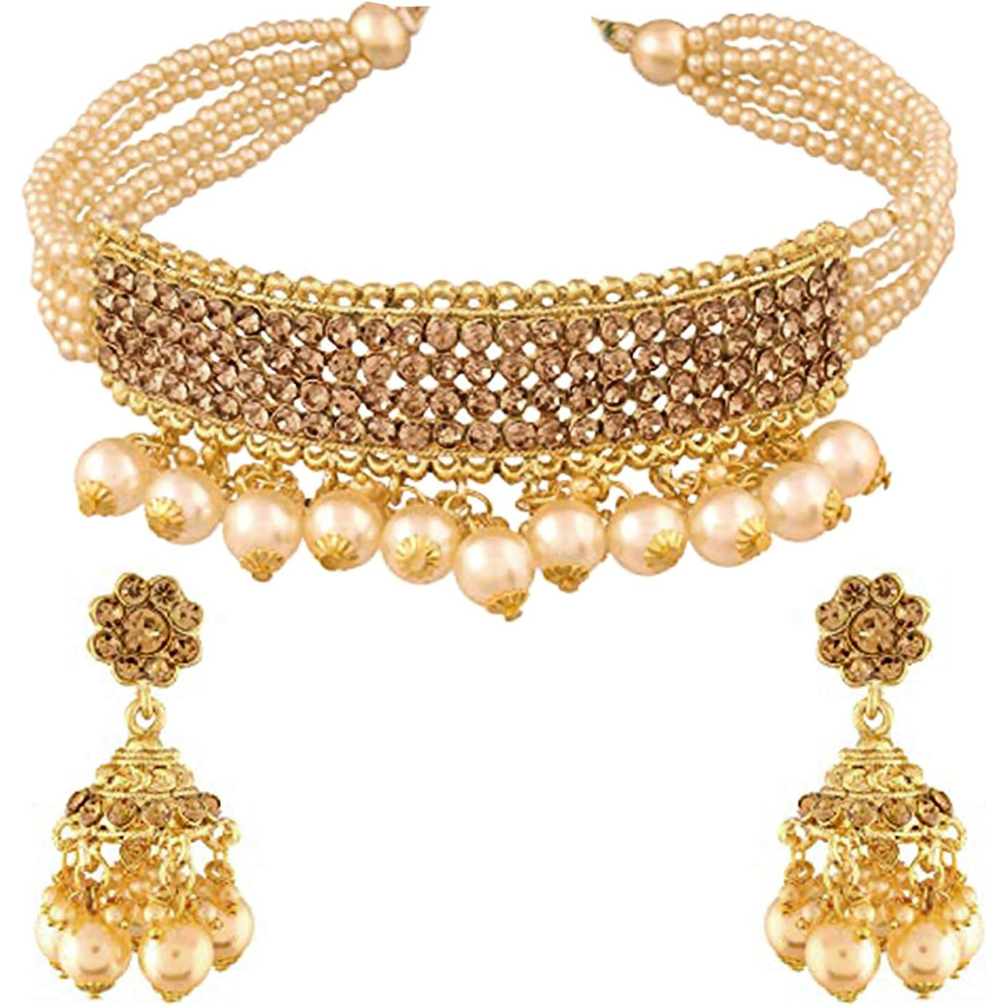 Peora 18K Gold Plated Wedding Polki Stone Pearl Choker Necklace Brass Alloy Earrings Ethnic Indian Traditional Jewellery Set for Women