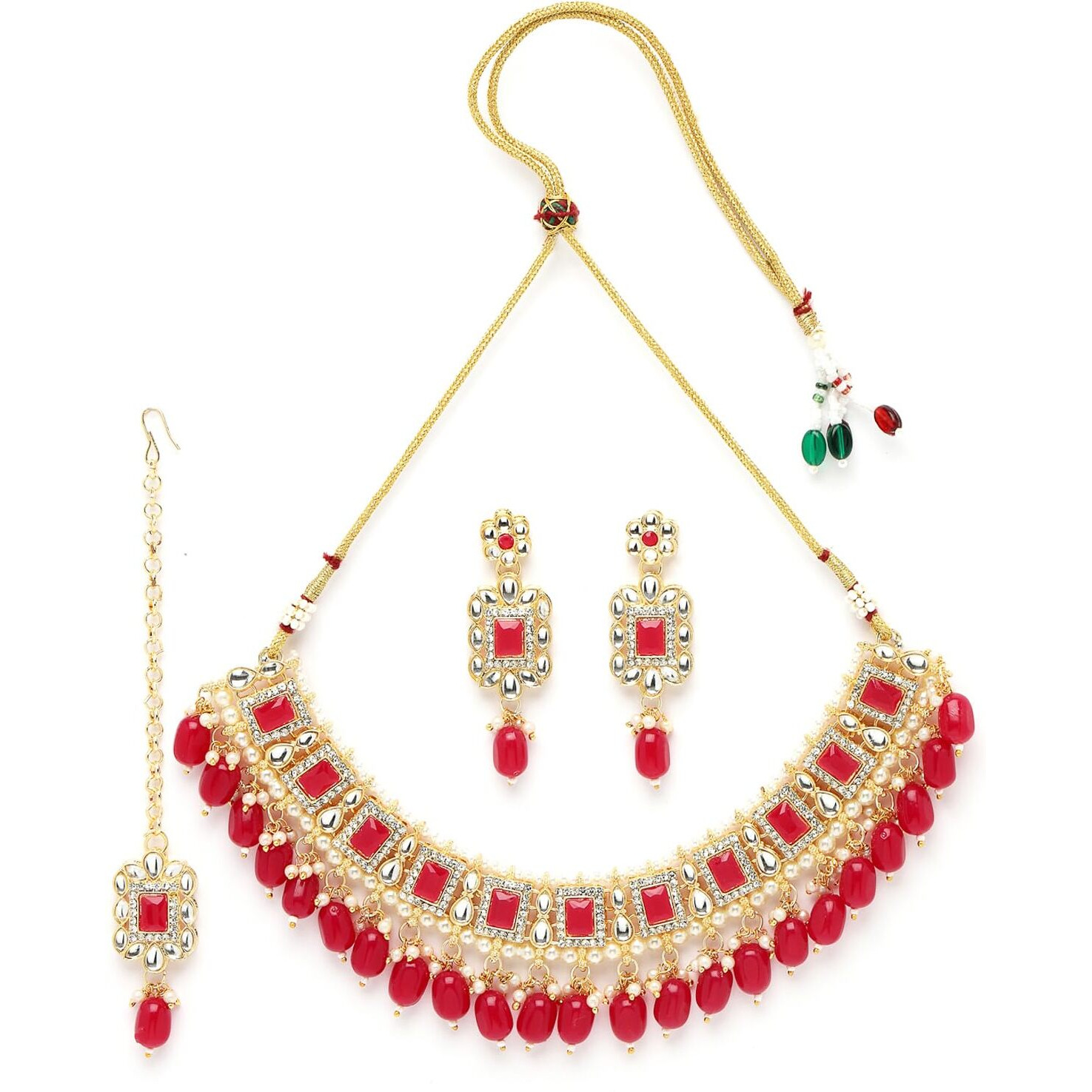 Sukkhi Glitzy Gold Plated Rani Pink AD Stones & Beads Collar Bone Necklace Set With Earring And Maangtika | Jewellery Set For Women (NS105505)