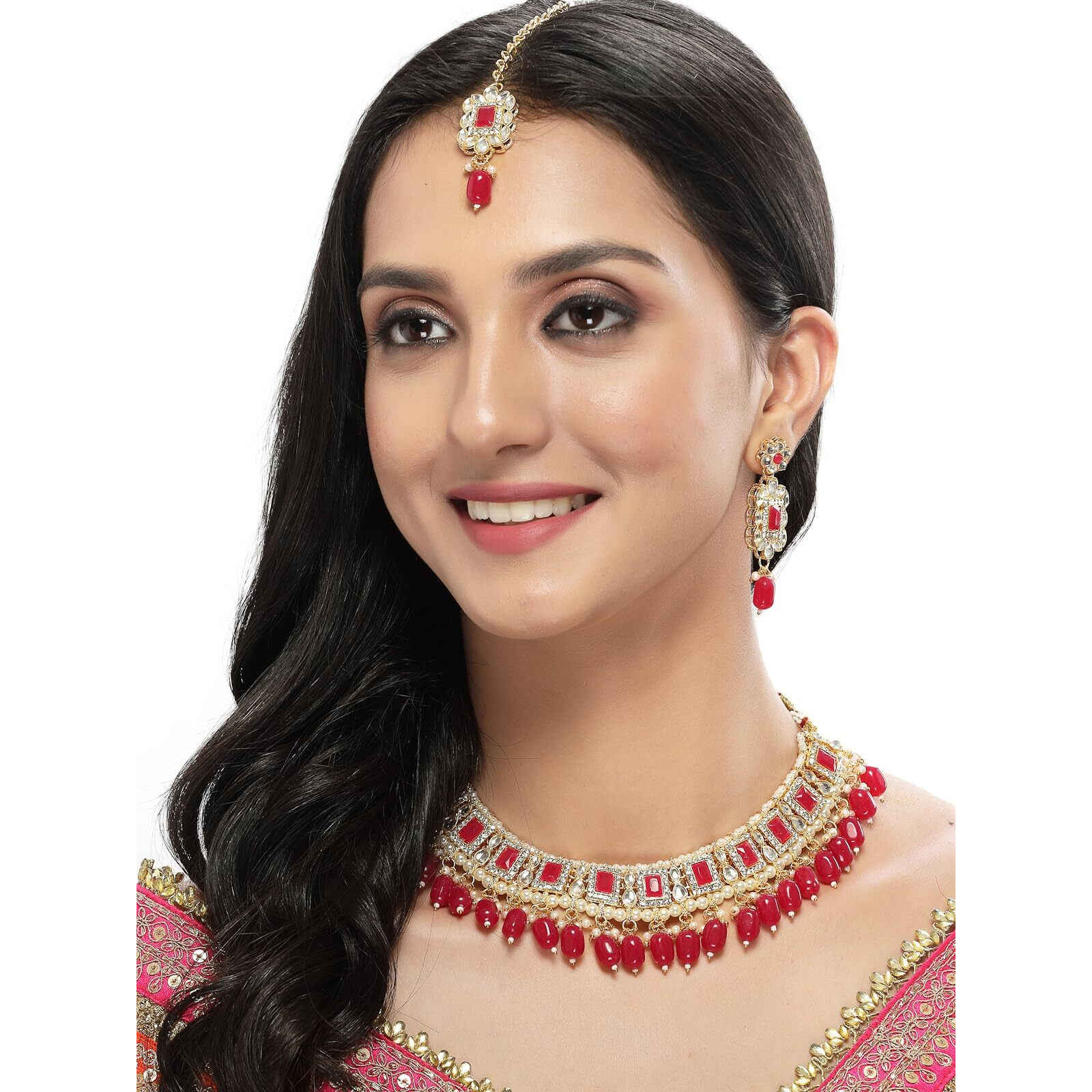 Sukkhi Glitzy Gold Plated Rani Pink AD Stones & Beads Collar Bone Necklace Set With Earring And Maangtika | Jewellery Set For Women (NS105505)