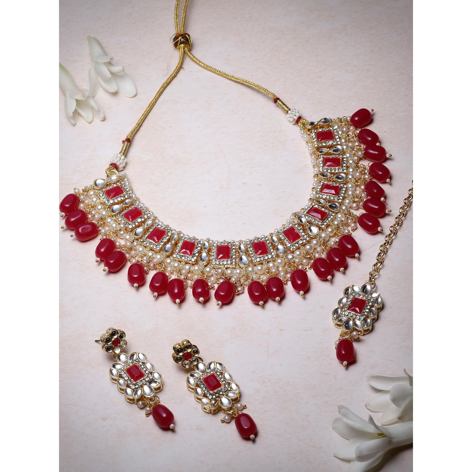 Sukkhi Glitzy Gold Plated Rani Pink AD Stones & Beads Collar Bone Necklace Set With Earring And Maangtika | Jewellery Set For Women (NS105505)