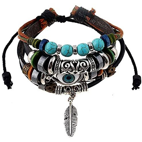 University Trendz Adjustable Silver Feather Evil Eye Charms Leather Bracelet for Men & Womens (Multi-Color)