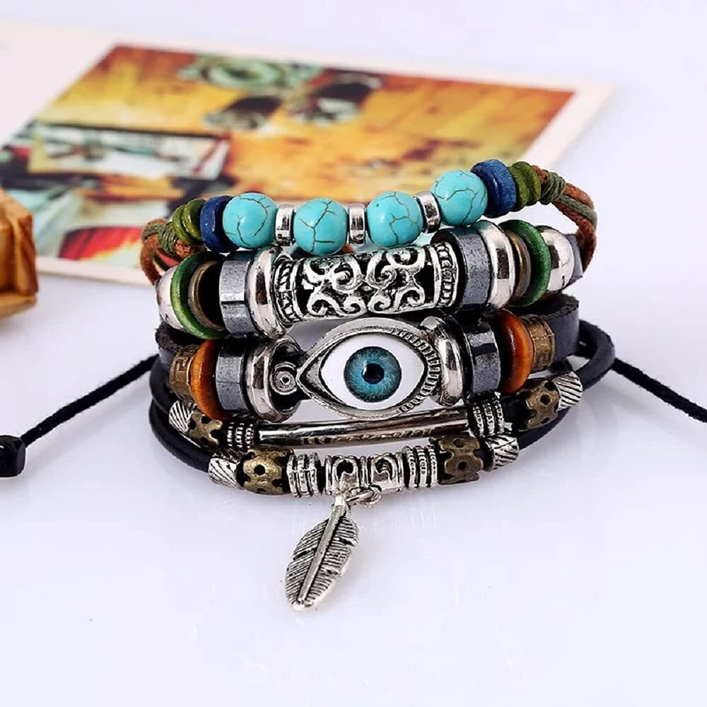 University Trendz Adjustable Silver Feather Evil Eye Charms Leather Bracelet for Men & Womens (Multi-Color)