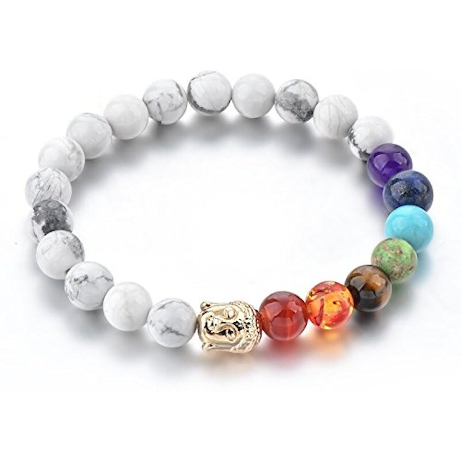 7 Chakra Triple Protection Bracelet Natural Stones with Certificate of Authenticity (Howlite Golden Buddha)