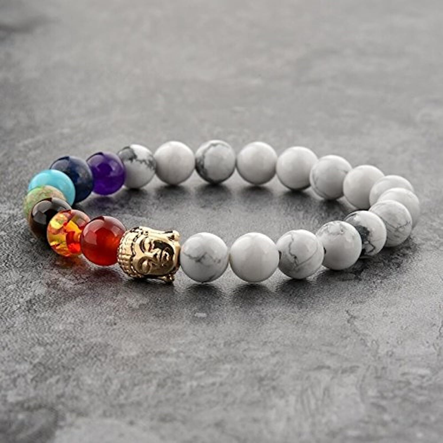 7 Chakra Triple Protection Bracelet Natural Stones with Certificate of Authenticity (Howlite Golden Buddha)