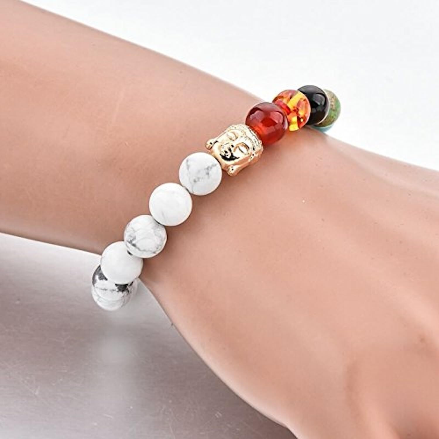 7 Chakra Triple Protection Bracelet Natural Stones with Certificate of Authenticity (Howlite Golden Buddha)