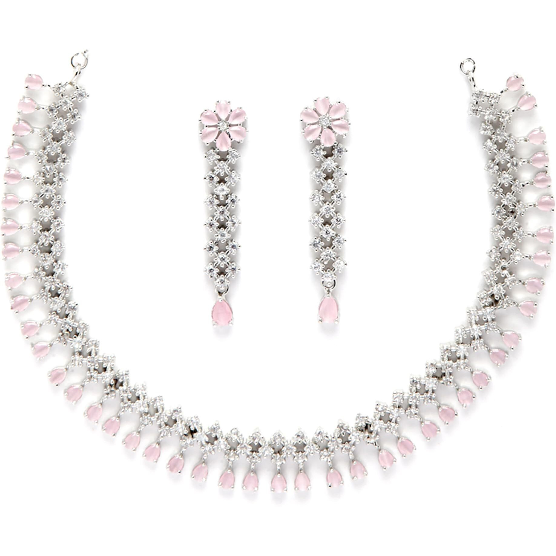 ZENEME Rhodium-Plated Necklace, Has Pink Ad-Studded Detail, Secured With A Fish-Hook Closure (Pink) For Women