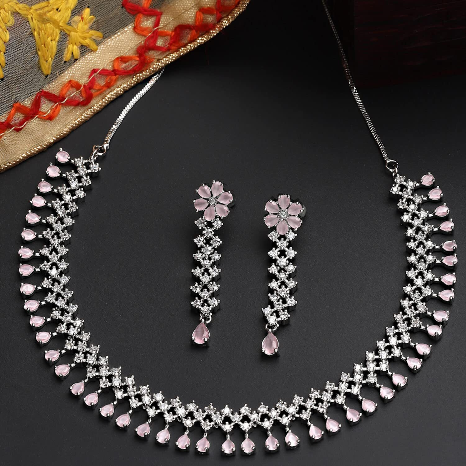 ZENEME Rhodium-Plated Necklace, Has Pink Ad-Studded Detail, Secured With A Fish-Hook Closure (Pink) For Women