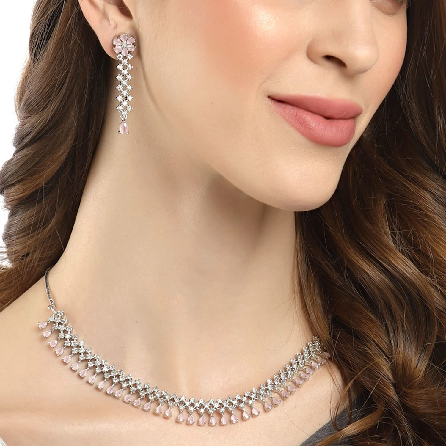 ZENEME Rhodium-Plated Necklace, Has Pink Ad-Studded Detail, Secured With A Fish-Hook Closure (Pink) For Women