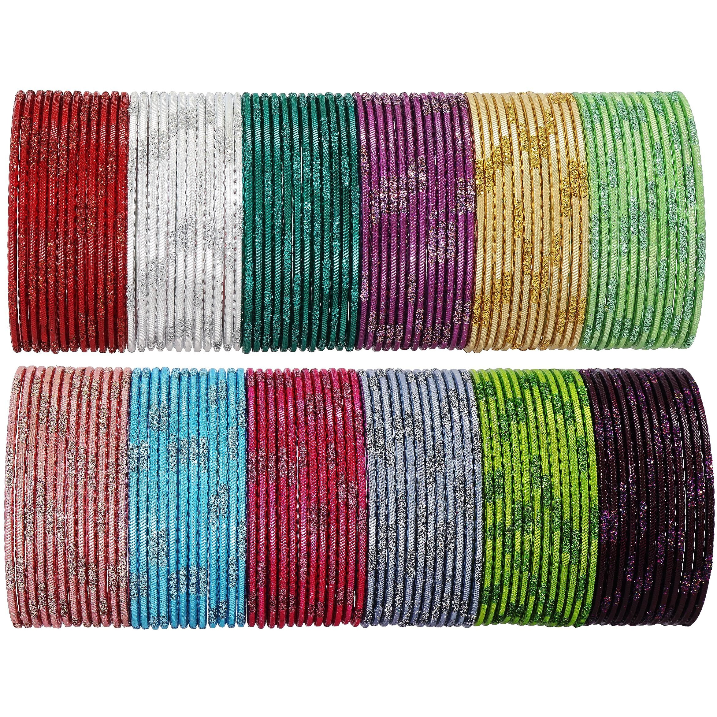 NMII Stylish Multi colour Metal Bangles set for women and Girls with Zari and Cutting Design | Fancy Multicolour Bangles for women | Metal Churi Set- Pack of 144 Bangles, (PP15-(6)-Multi-2.6)