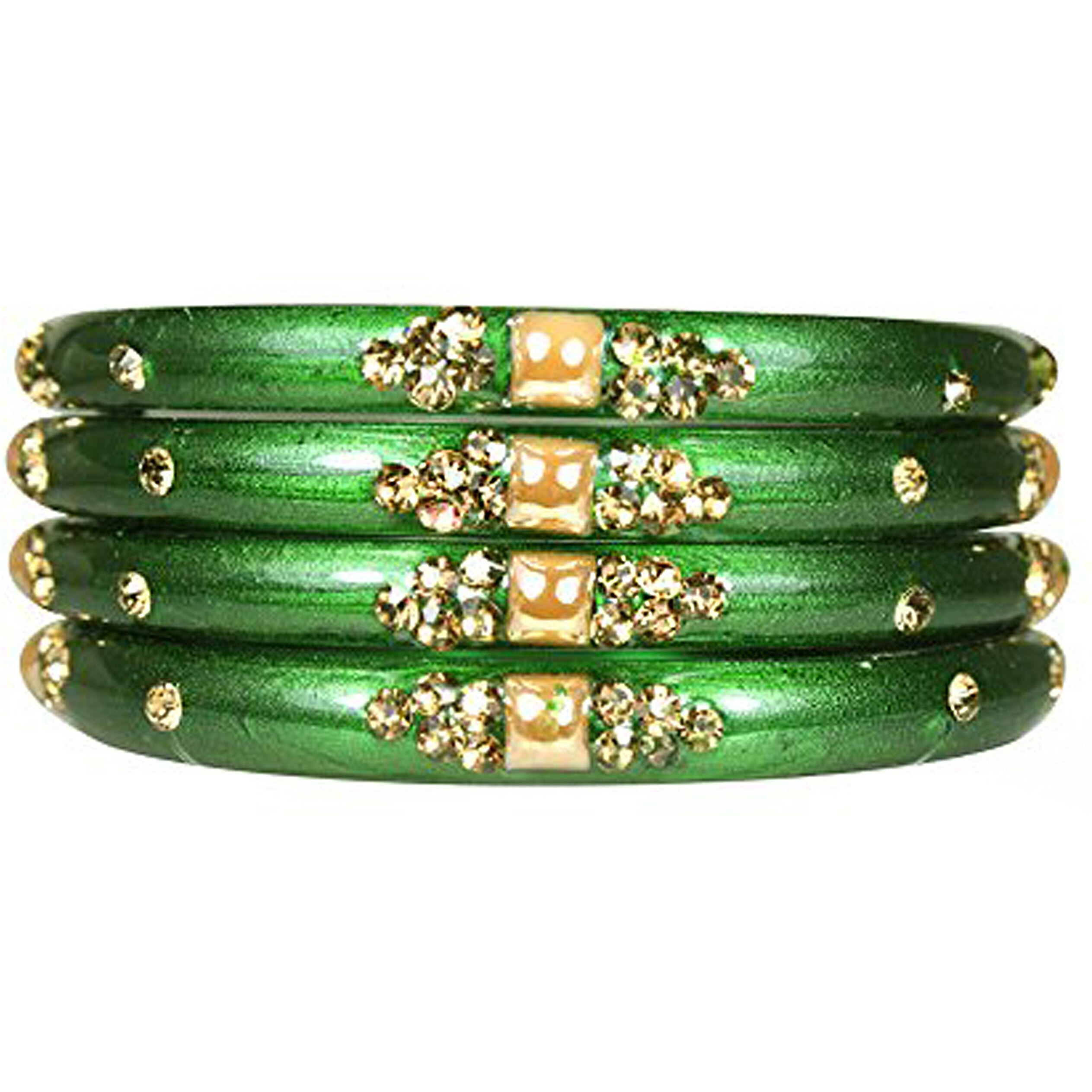 NMII Glass with Zircon Gemstone Or Beads Studded worked Glossy Finished Kada Set For Women and Girls, (Green_2.6 Inches), Pack Of 8 Kada Set