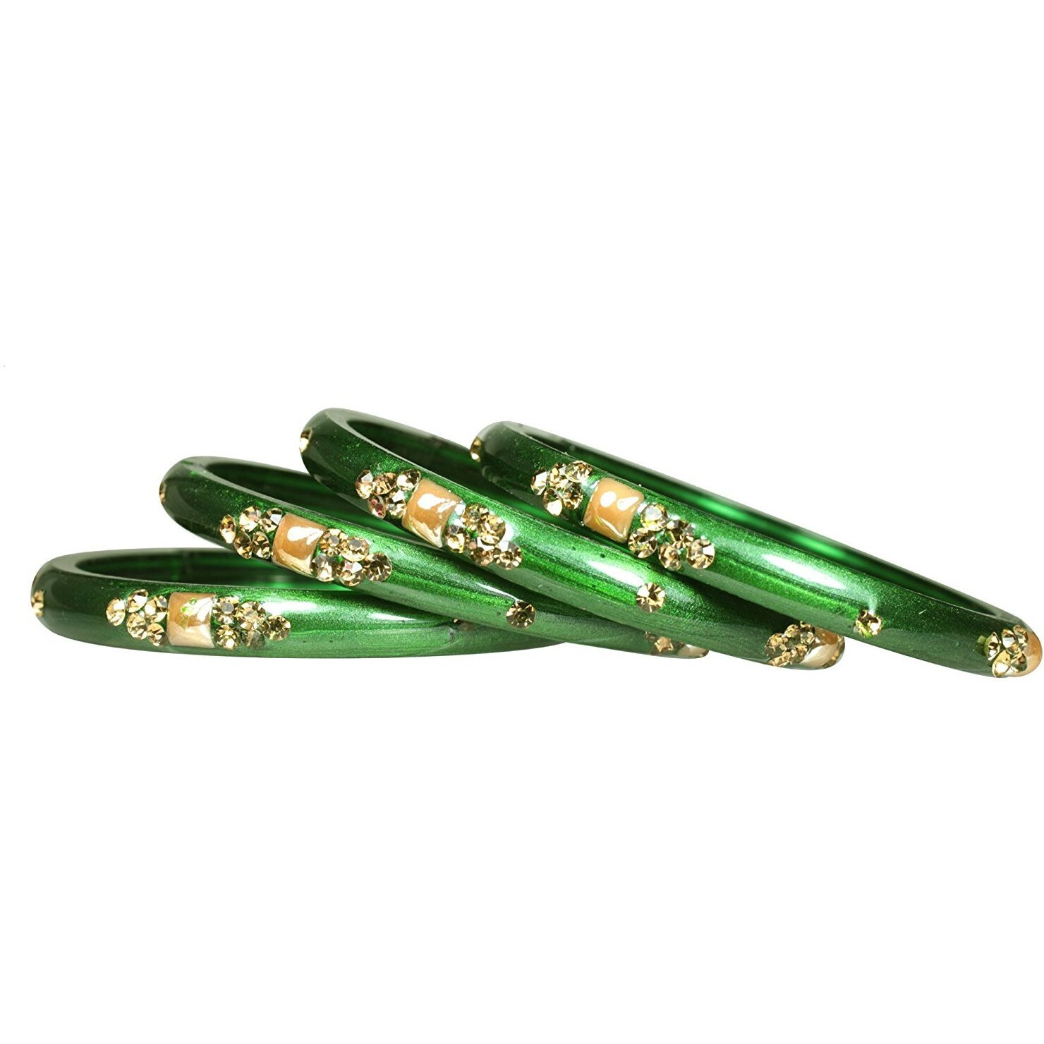NMII Glass with Zircon Gemstone Or Beads Studded worked Glossy Finished Kada Set For Women and Girls, (Green_2.6 Inches), Pack Of 8 Kada Set