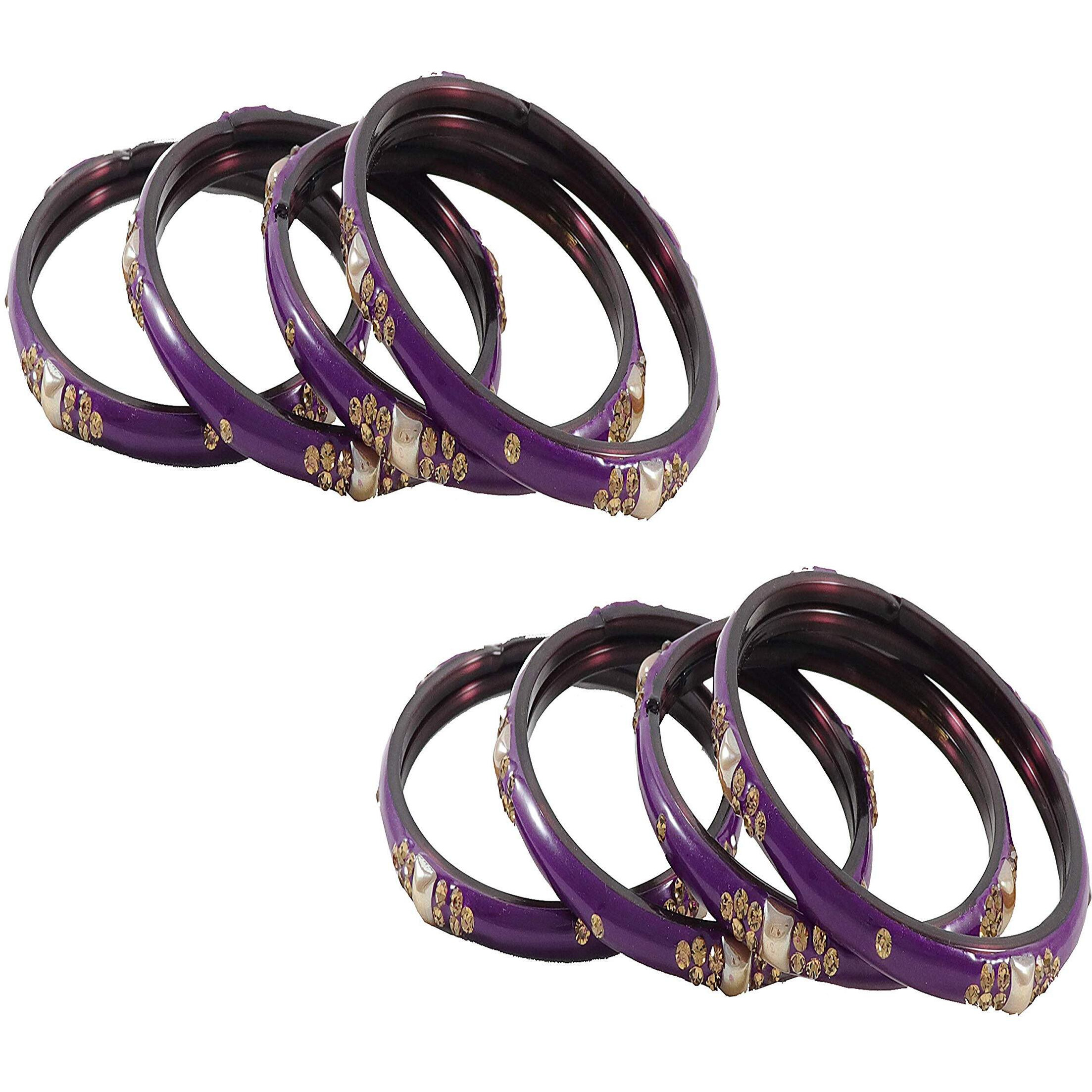 NMII Glass with Zircon Gemstone Or Beads Studded worked Glossy Finished Kada Set For Women and Girls, (Purple_2.8 Inches), Pack Of 8 Kada Set