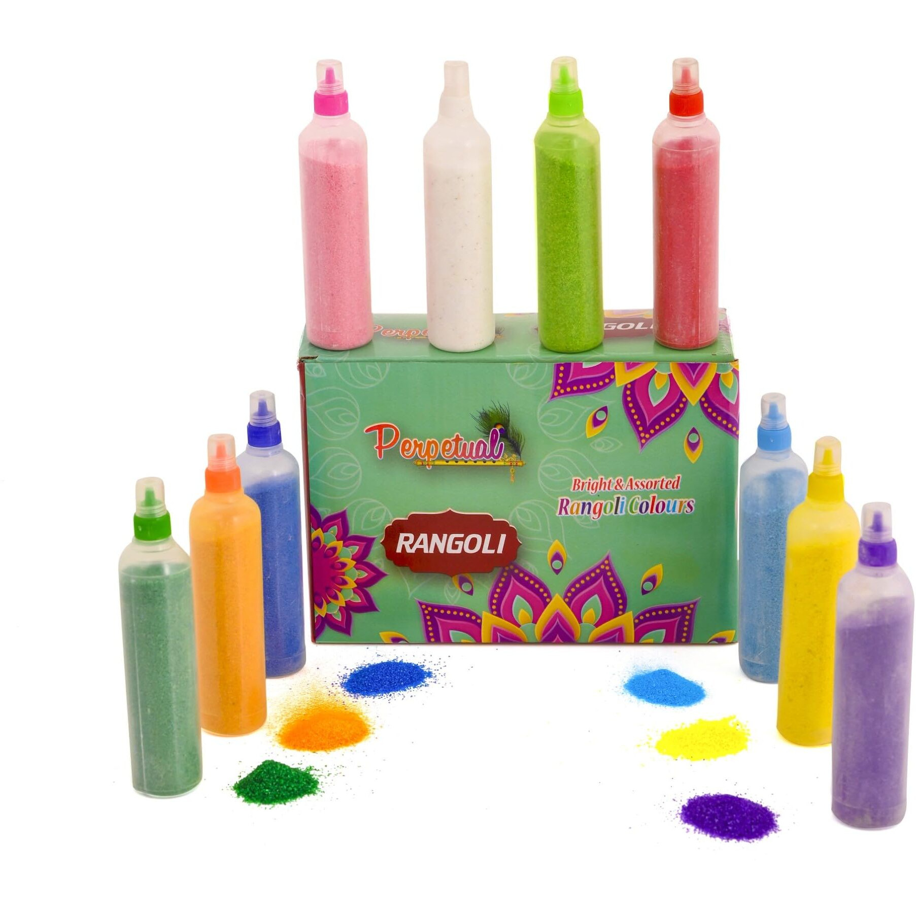 Perpetual Rangoli Colors Powder Bottles for Floor Decorations - Pack of 10 Rangoli Powder Bottles Used for Decoration of Diwali, Navaratri,Pongal, Puja Mandir and Festival (1000Gram)