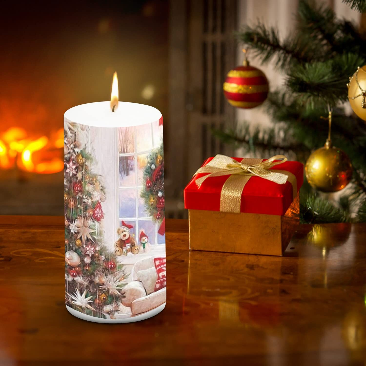 AuraDecor Unscented Christmas Teddy with Window Candle || 3 * 6 inch Pillar Candle || White Candle || Xmas Candle || Santa Candle || Winter Candle Gudda wala