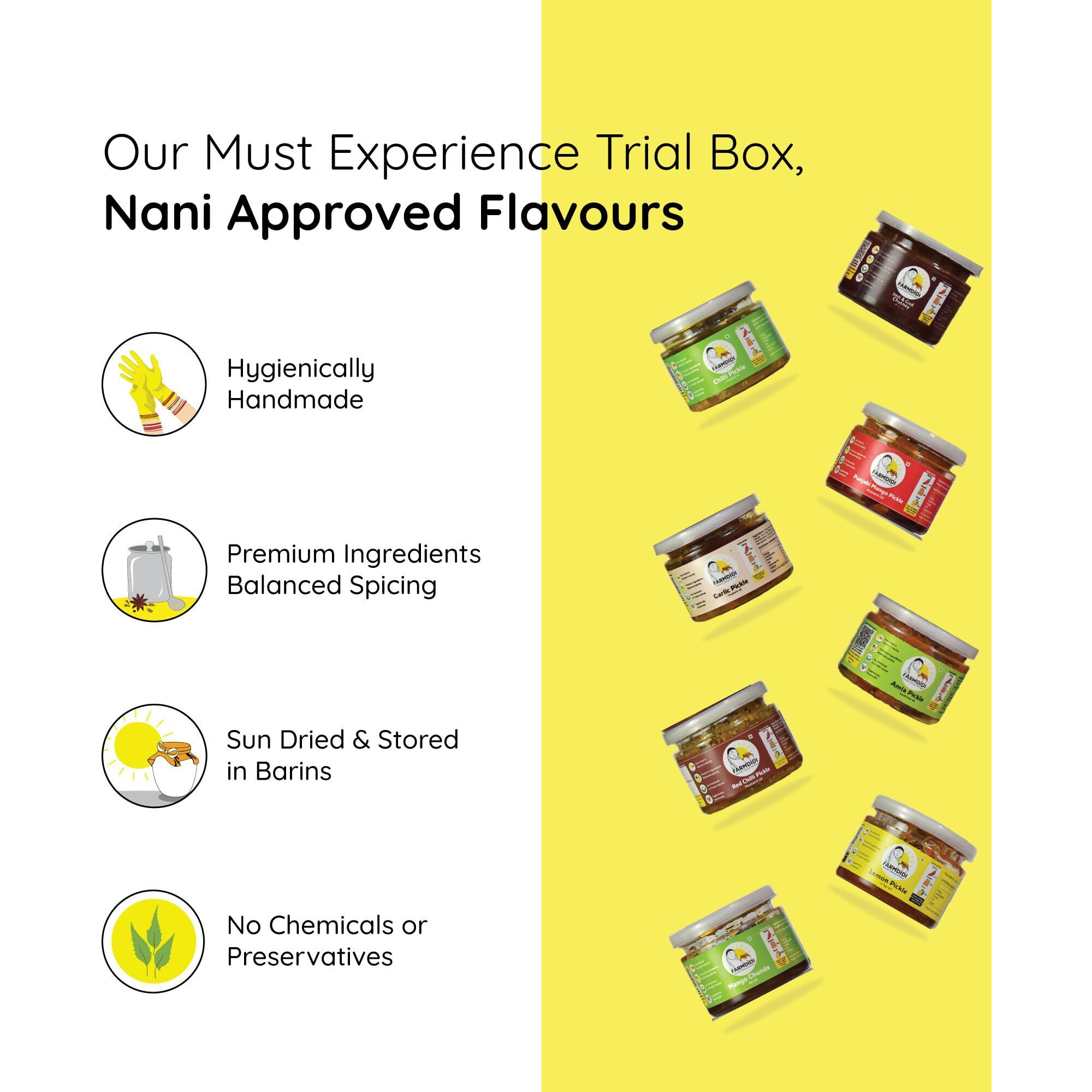Farm Didi Nanis Special Trial Pack Of 8 | Authentic Homemade Traditional Achar & Chutney | Tv Featured | Spicy & Sweet Pickles | No Artificial Preservatives | Less Or No Oil | Sun-Dried Achar