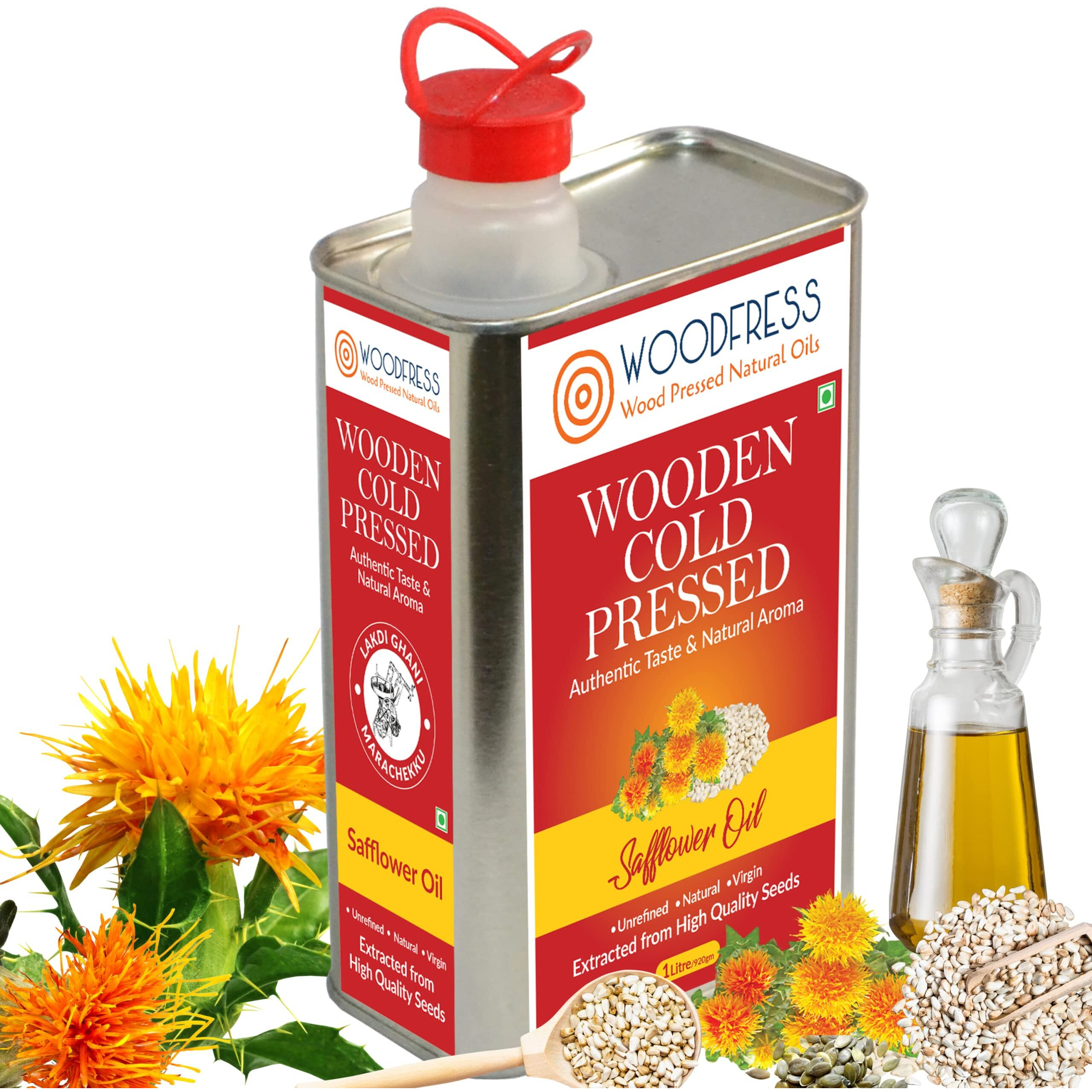 WOODFRESS Cold Pressed Safflower Oil 1 Litre, Freshly Hulled, 5kg Seeds for 1L Pure Woodpress Oil, Wood Pressed Kardai/Kardi Tel (Lakdi Ghani/Marachekku) for Healthy Cooking, Metal Tin 1L