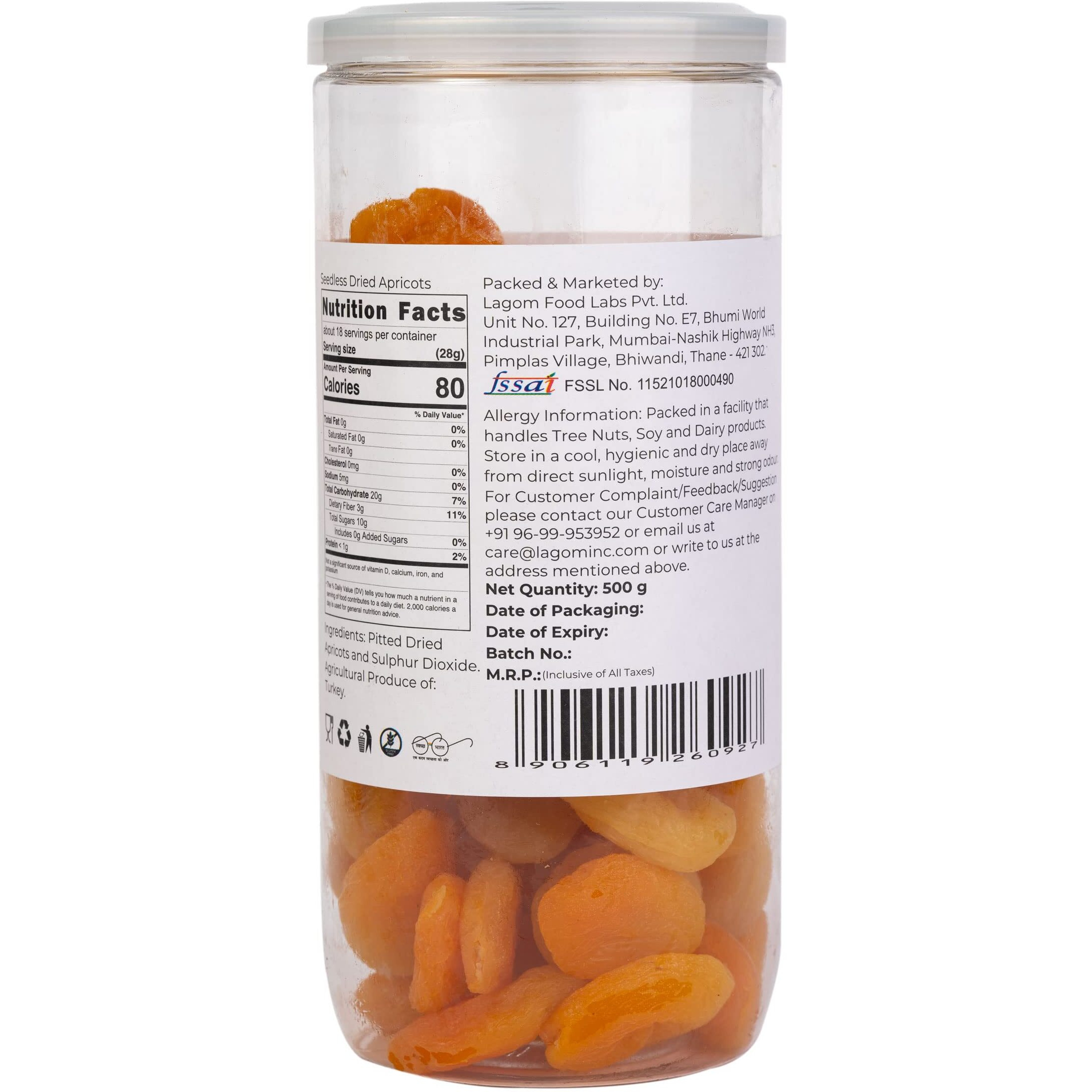 Lagom Gourmet Seedless Dried Apricots 500g | Sun Dried | No Added Sugar | Gluten Free | Vegan | Plant Based | Non GMO | Turkish Apricots Dry Fruits | Dry Apricots | Dried Apricots