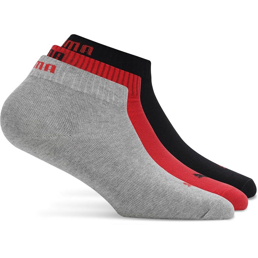 Puma Unisex-Adult Cotton Quarter Plain 3P Quarter Length Socks, Black-Red, 37/40 (68666501), Multi
