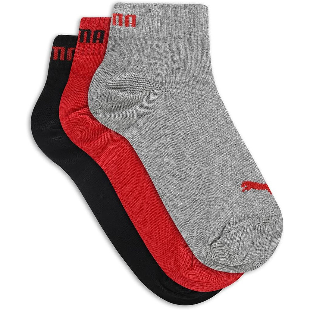 Puma Unisex-Adult Cotton Quarter Plain 3P Quarter Length Socks, Black-Red, 37/40 (68666501), Multi