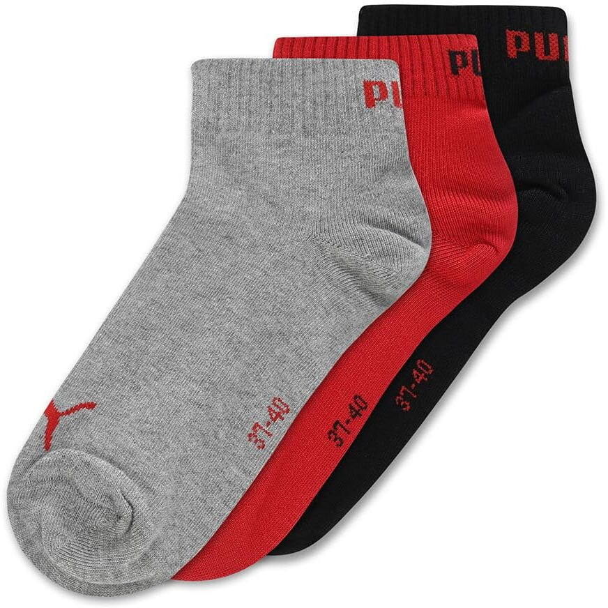 Puma Unisex-Adult Cotton Quarter Plain 3P Quarter Length Socks, Black-Red, 37/40 (68666501), Multi