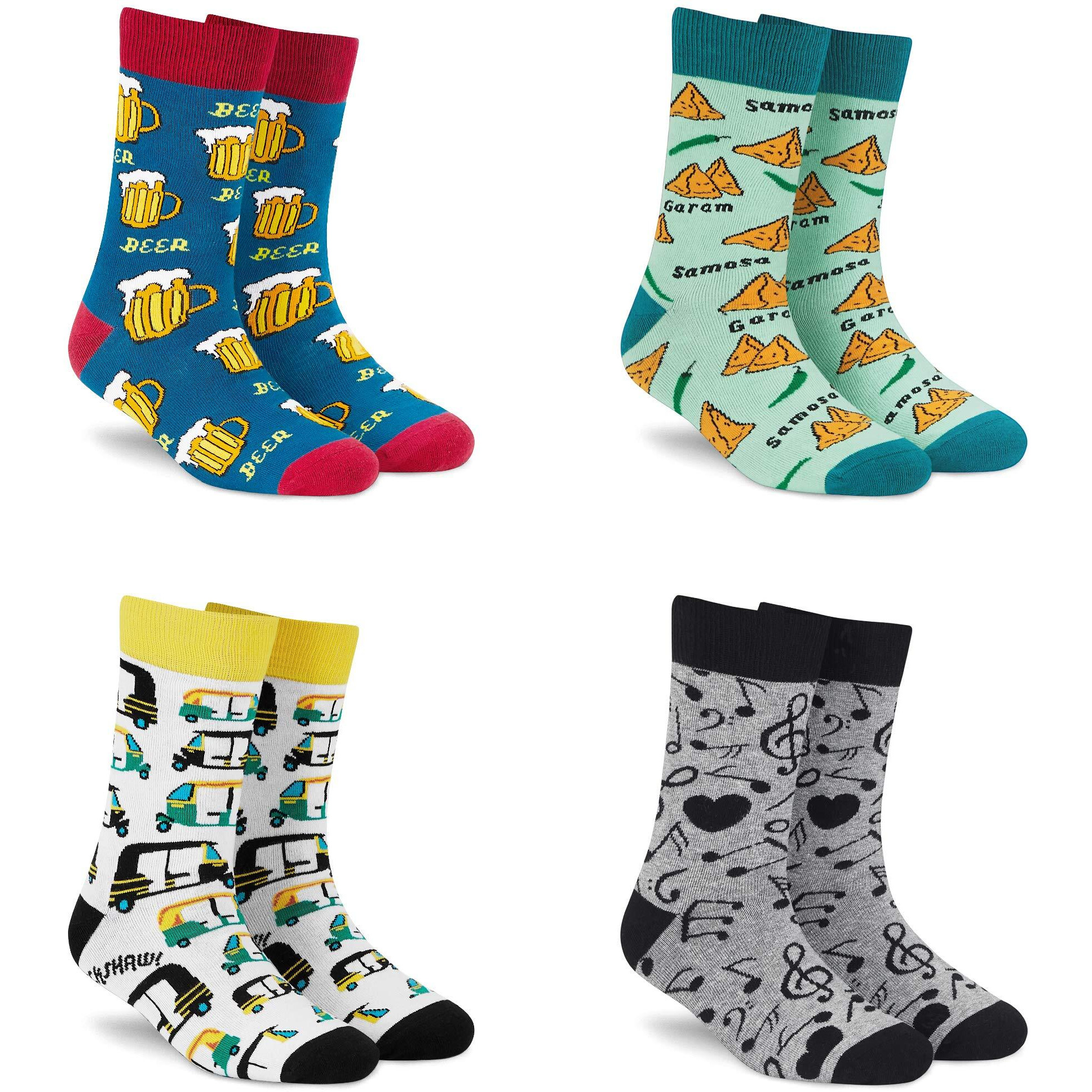 DYNAMOCKS Socks for MEN and WOMEN - (Combo Pack of 4 | Crew Length | Material Combed Cotton | Multicolour | Size Free (UK 7 - UK 12))