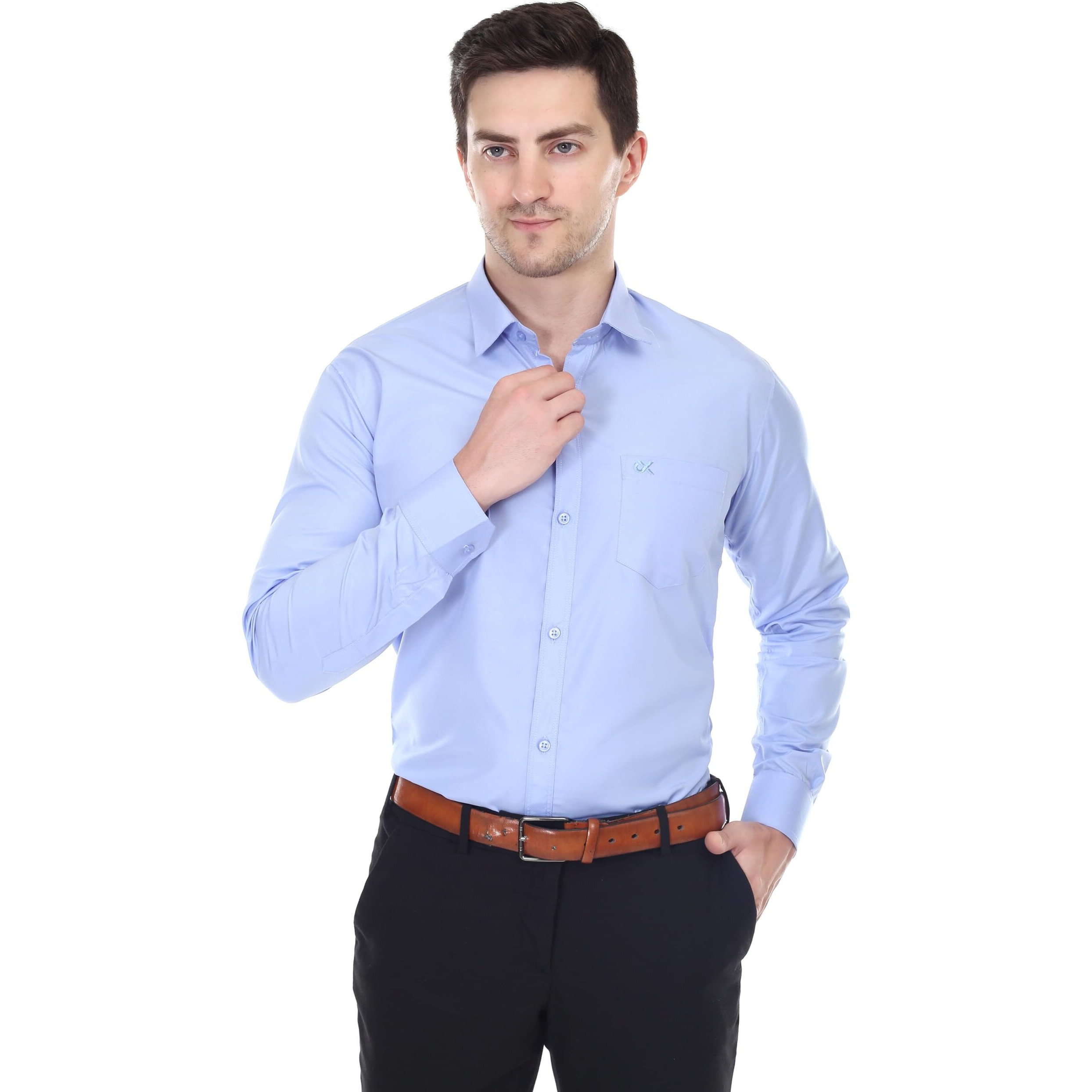 XJARVIS Clifton Men's Solid Cotton Blend | Formal Shirt with Pocket | Plain | Design with Spread Collar & Full Sleeves - Regular Fit, Pack of 1 (Blue, L)