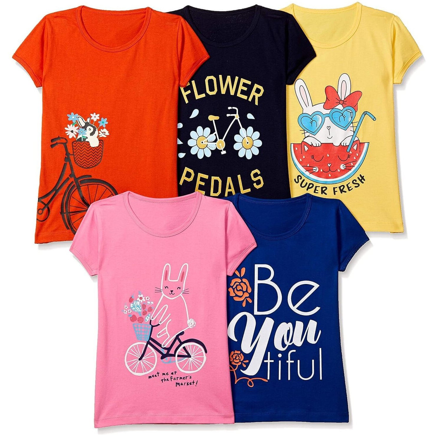 T2F Girls Solid Regular Fit T-Shirt Pack of 5(GLS-TSRT-01_Multicolor 4_11 Years-12 Years)