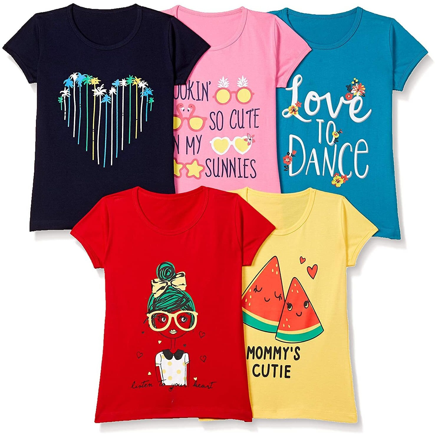 T2F Girl's Solid Regular Fit T-Shirt (Pack of 5) (GLS-TSRT-01_Multicolor 5 7-8 Years)