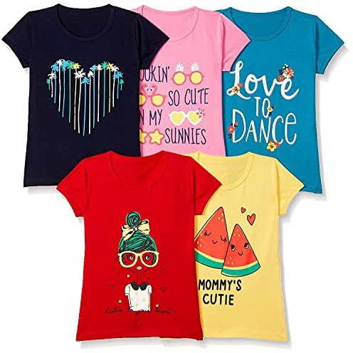 T2F Girls Regular Fit Cotton Round Neck T-Shirt (Pack of 5) (GLS-TSRT-01_Multicolor 5_2-3 years)
