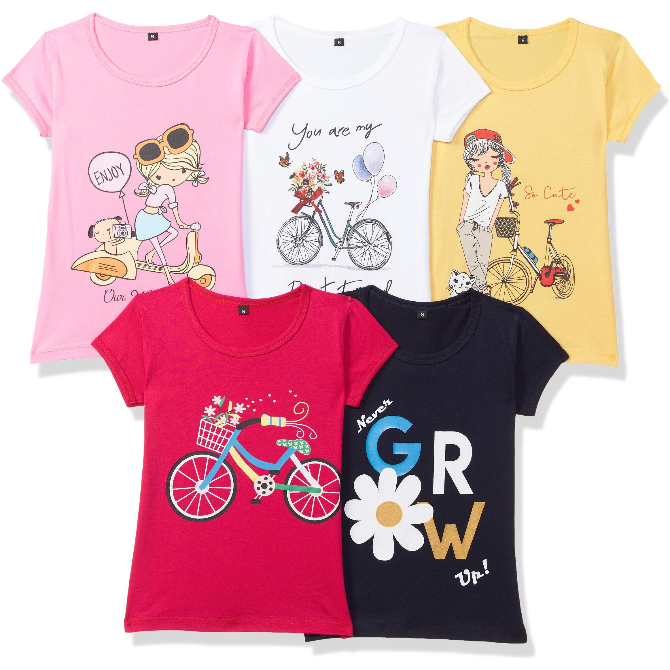 T2F Girl's Plain Regular Fit T-Shirt (GLS-TSRT-03_Multicolor 3 5-6 Years)