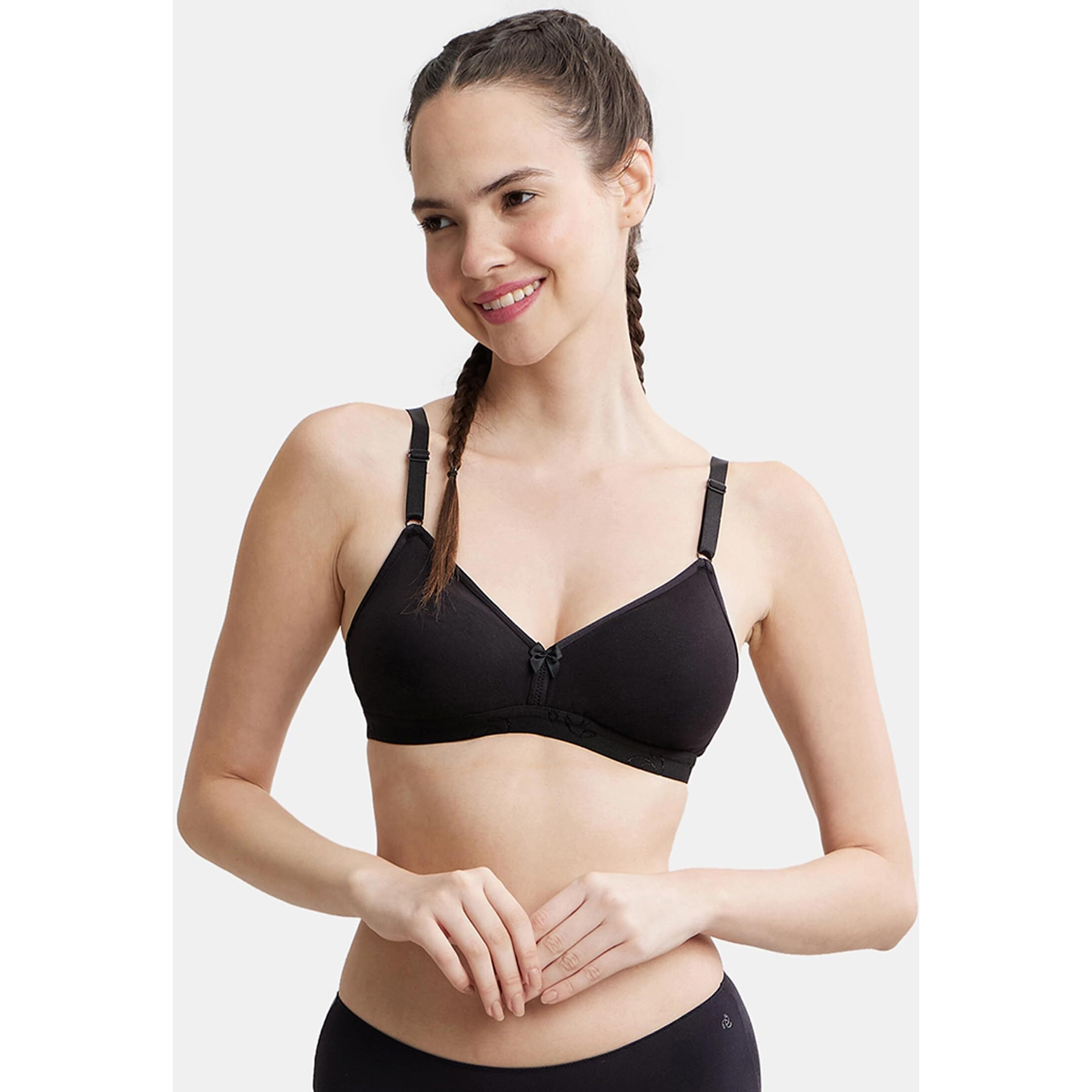 Jockey 1581 Women's Wirefree Non Padded Super Combed Cotton Elastane Stretch Medium Coverage Beginners Bra with Ultrasoft and Durable Underband_Black_32B